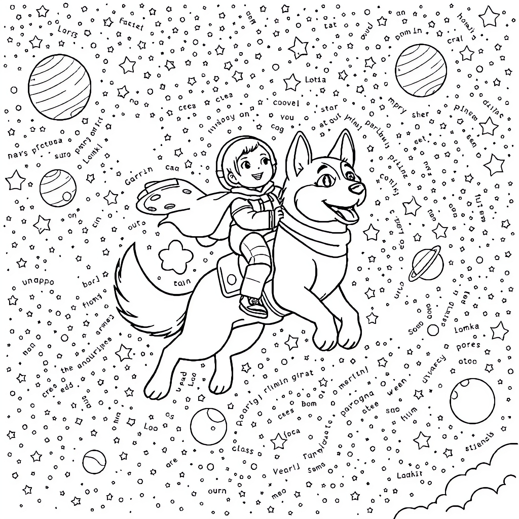 Gagarian in Space with Friendly Companion Coloring Page (free black-and-white line drawing printable PDF for all, from beginners to advanced learners, including children, teens, adults, and seniors)