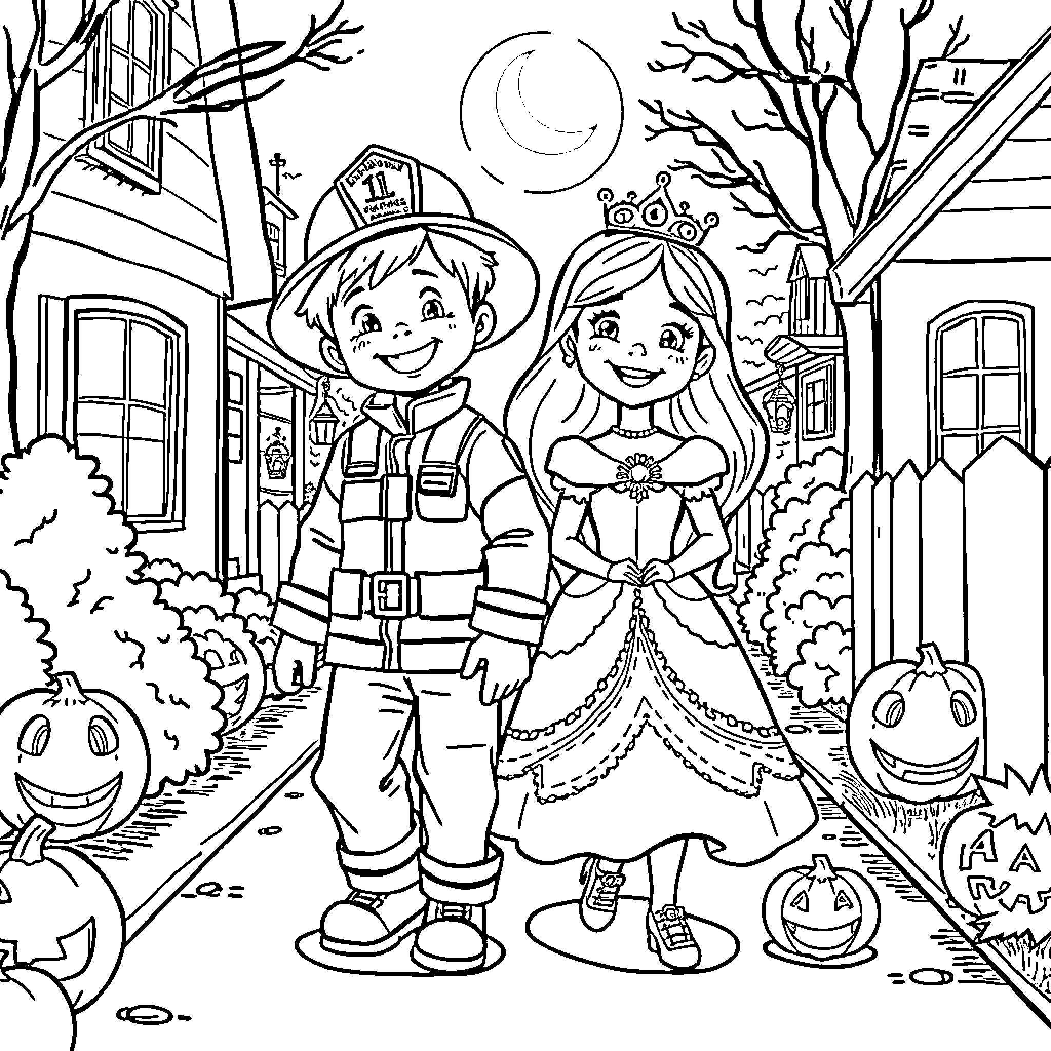 Kid Firefighter and Princess Trick-or-Treating Coloring Page (free black-and-white line drawing printable PDF for all, from beginners to advanced learners, including children, teens, adults, and seniors)