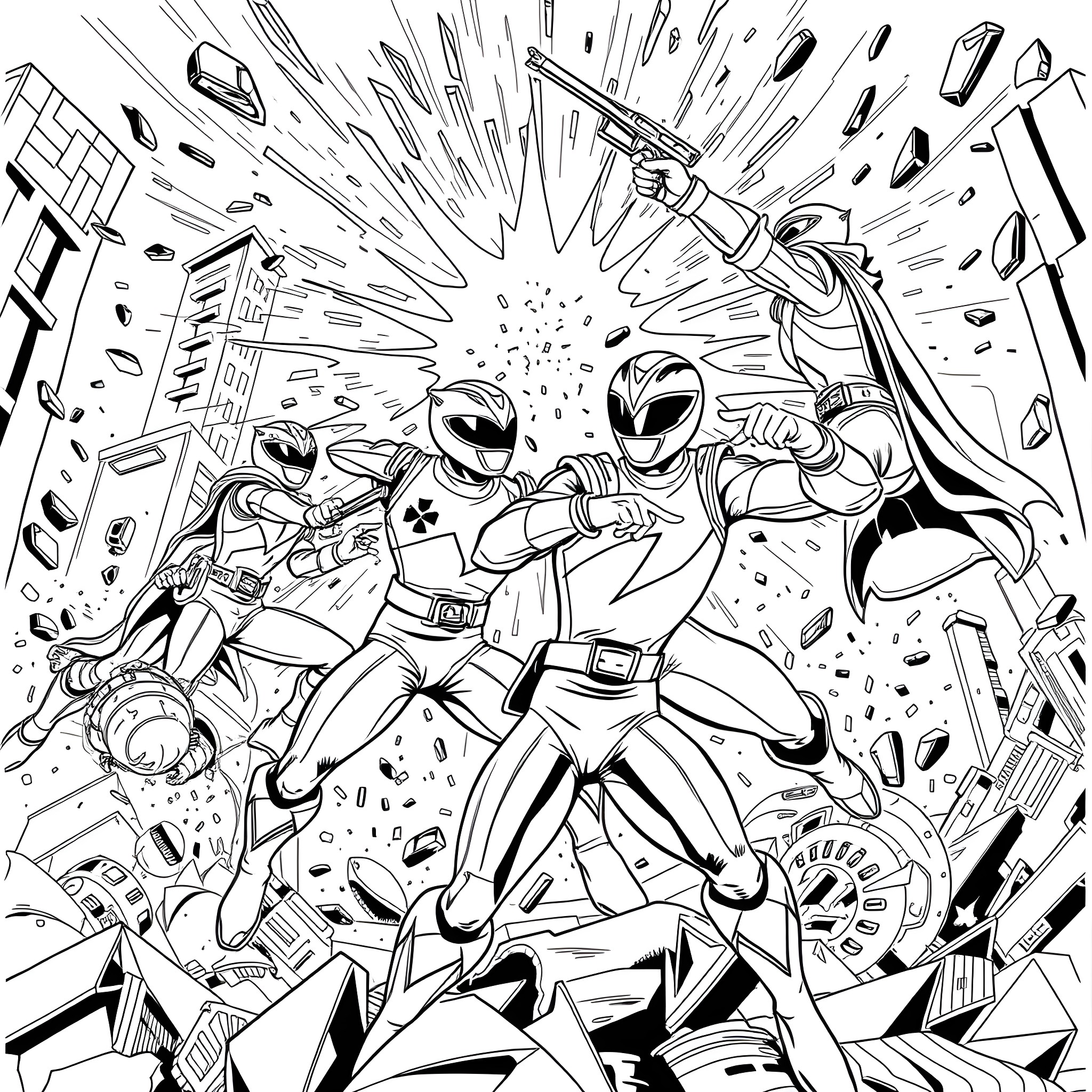 Power Rangers Heroic Action in Explosive Battle Coloring Page (free black-and-white line drawing printable PDF for all, from beginners to advanced learners, including children, teens, adults, and seniors)