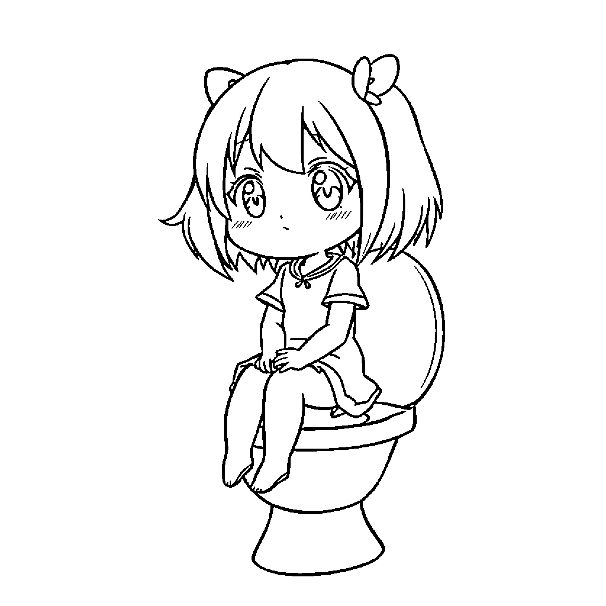 Anime Doll Sitting on Toilet in Contemplation Coloring Page (free black-and-white line drawing printable PDF for all, from beginners to advanced learners, including children, teens, adults, and seniors)