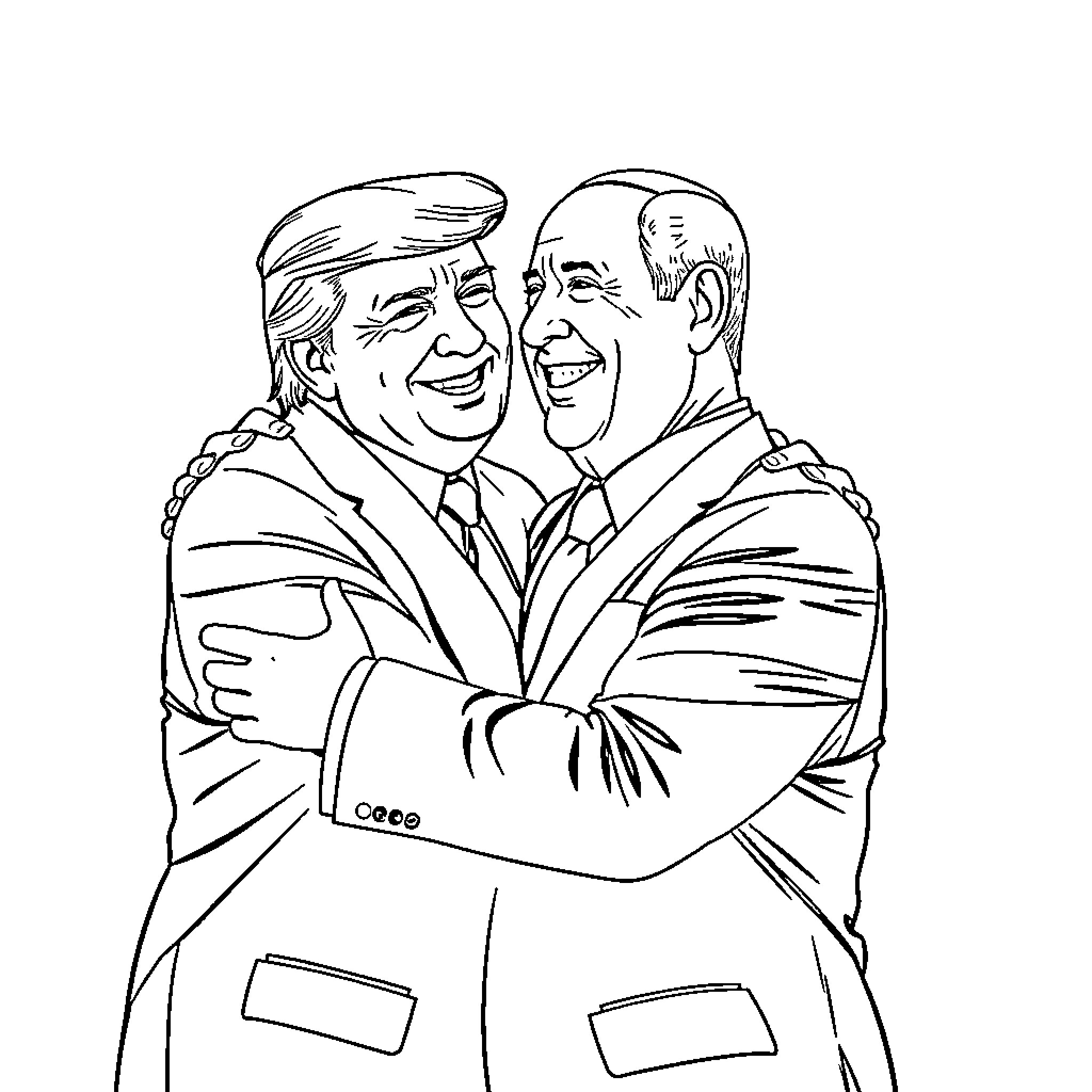 Trump and his ally embrace in formal attire Coloring Page (free black-and-white line drawing printable PDF for all, from beginners to advanced learners, including children, teens, adults, and seniors)