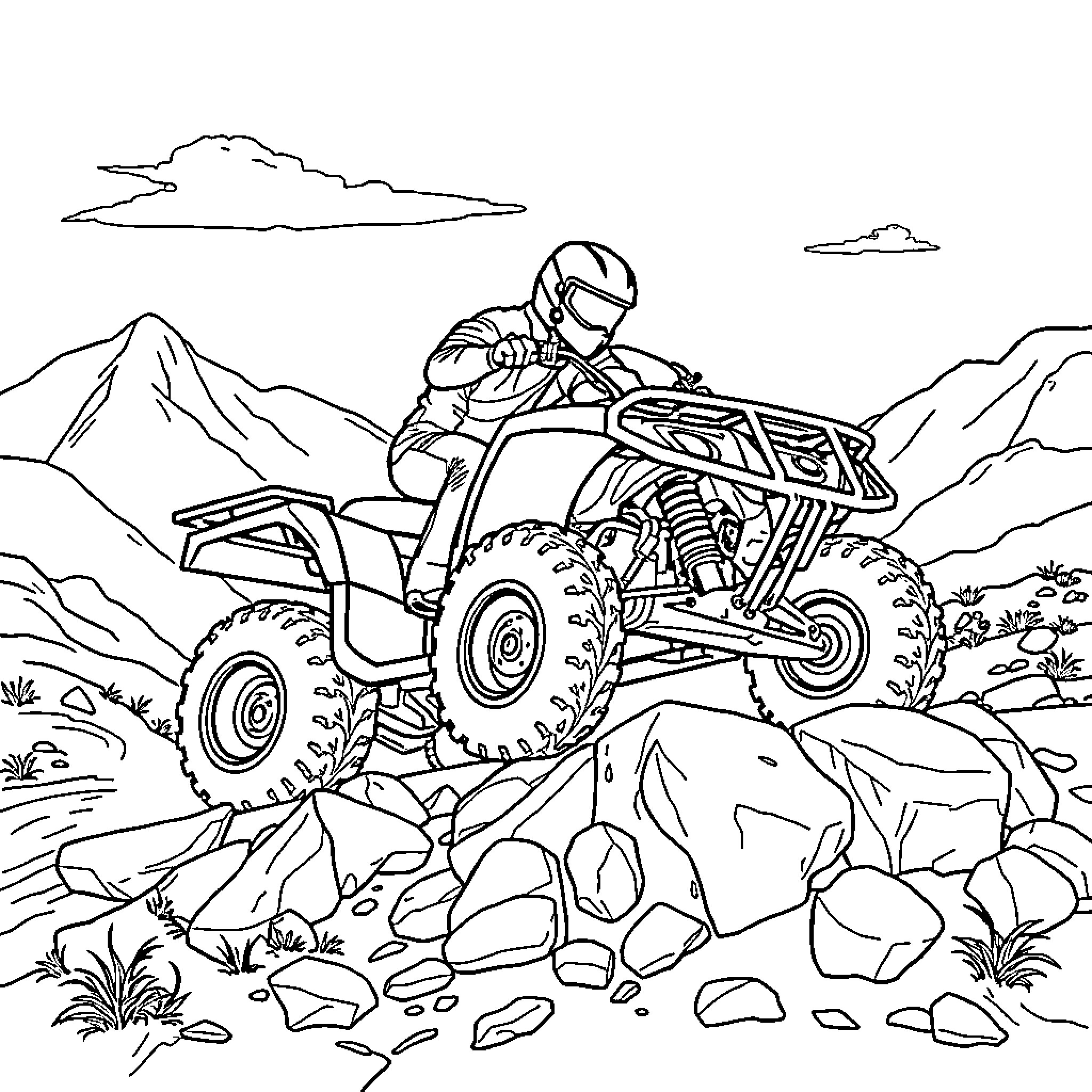 ATV riding through rugged mountain terrain Coloring Page (free black-and-white line drawing printable PDF for all, from beginners to advanced learners, including children, teens, adults, and seniors)