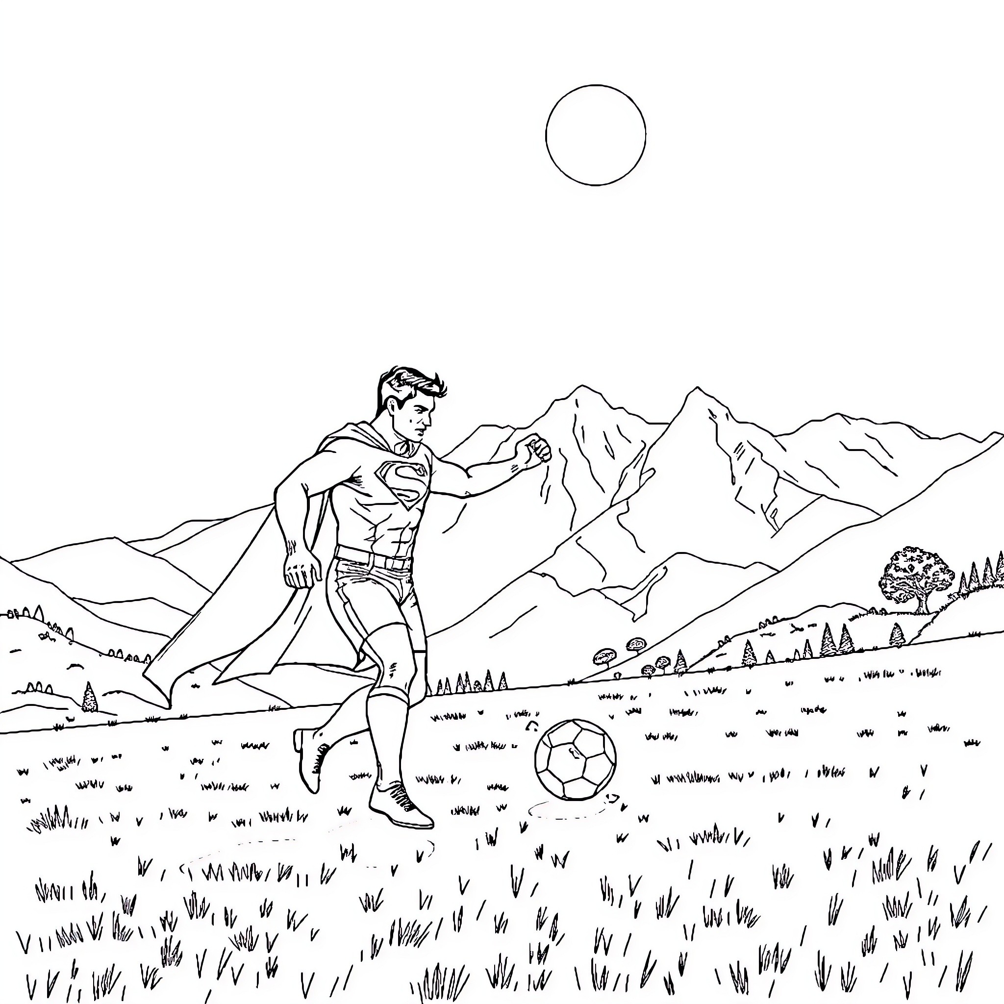 Superman playing with soccer ball in mountain landscape Coloring Page (free black-and-white line drawing printable PDF for all, from beginners to advanced learners, including children, teens, adults, and seniors)