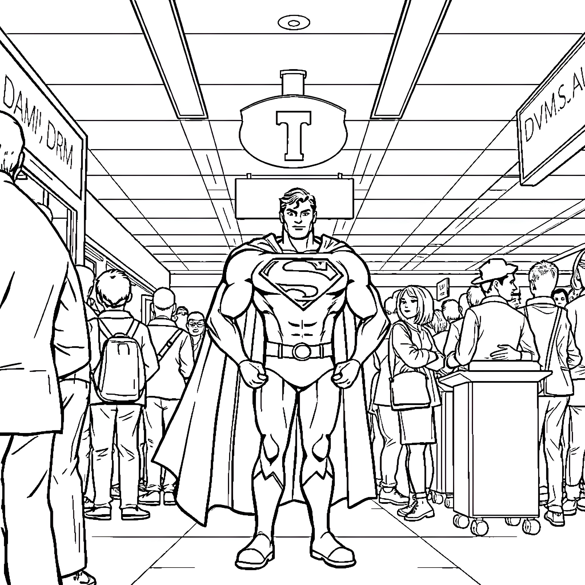 Superman saving the day in a busy hospital Coloring Page (free black-and-white line drawing printable PDF for all, from beginners to advanced learners, including children, teens, adults, and seniors)