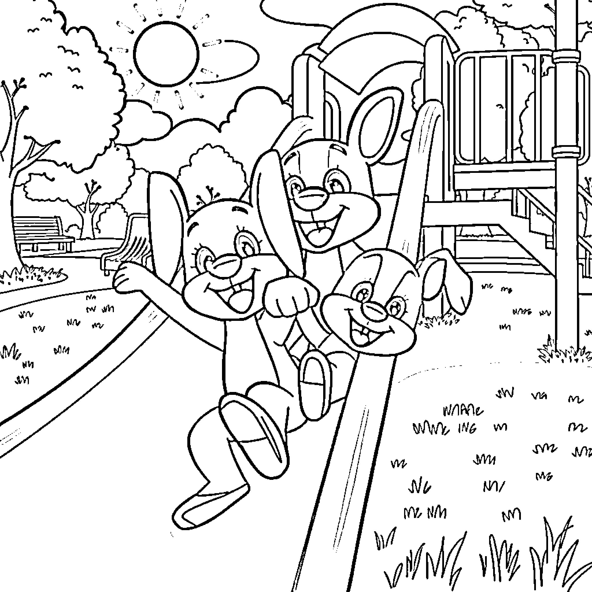 Bluey and friends play at the playground Coloring Page (free black-and-white line drawing printable PDF for all, from beginners to advanced learners, including children, teens, adults, and seniors)