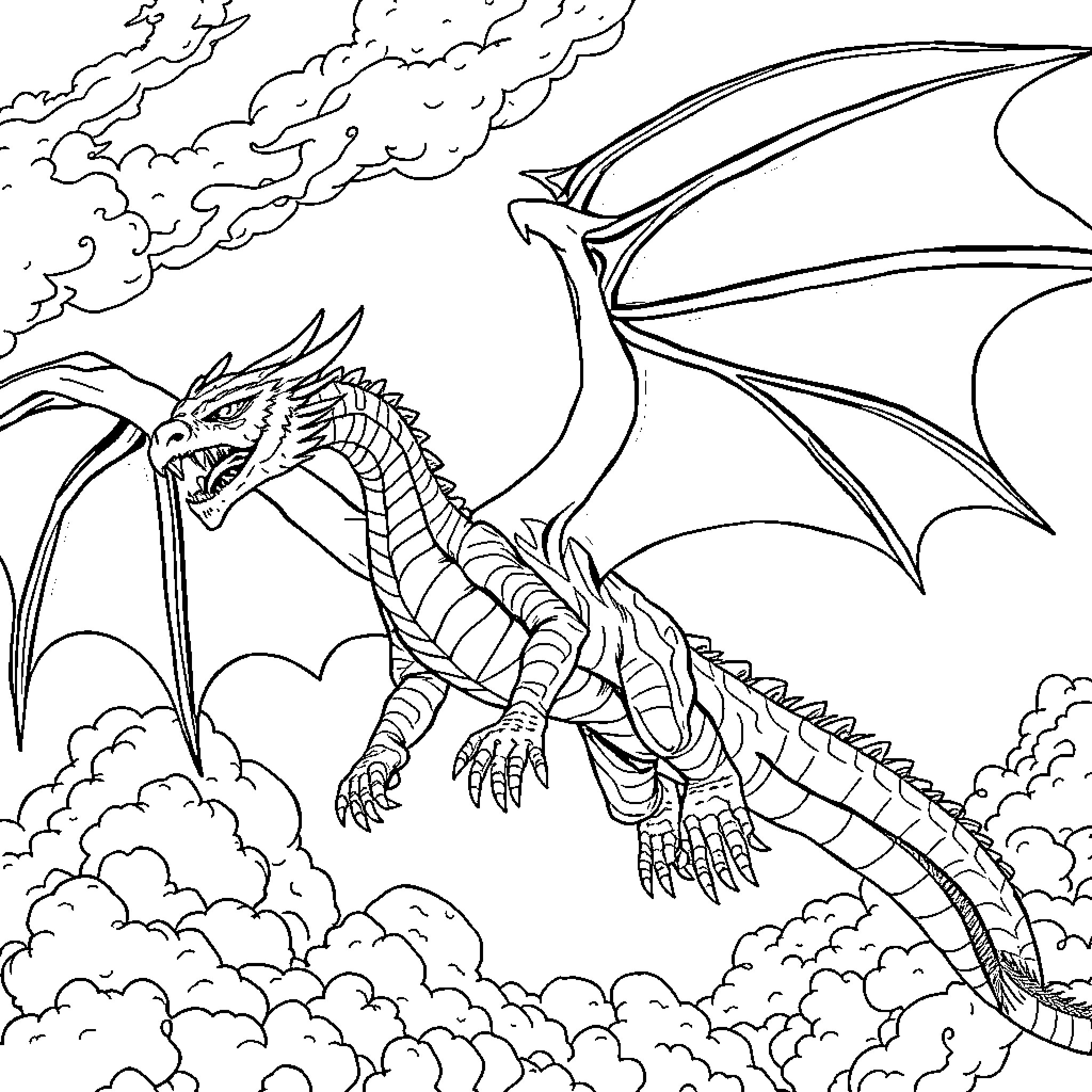 Dragon Soaring Fiercely Through the Clouds Coloring Page (free black-and-white line drawing printable PDF for all, from beginners to advanced learners, including children, teens, adults, and seniors)