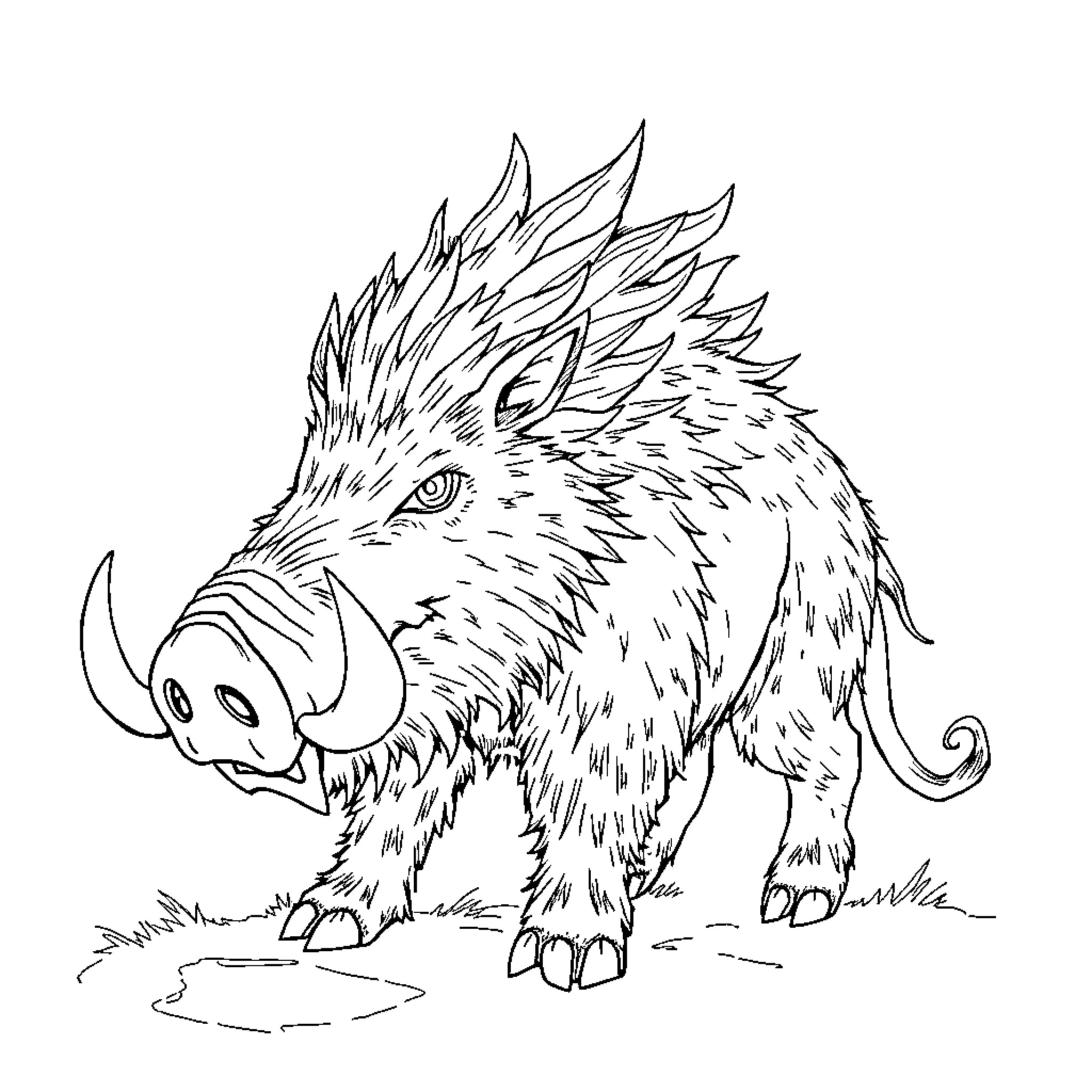 Boar with fierce expression in natural setting Coloring Page (free black-and-white line drawing printable PDF for all, from beginners to advanced learners, including children, teens, adults, and seniors)