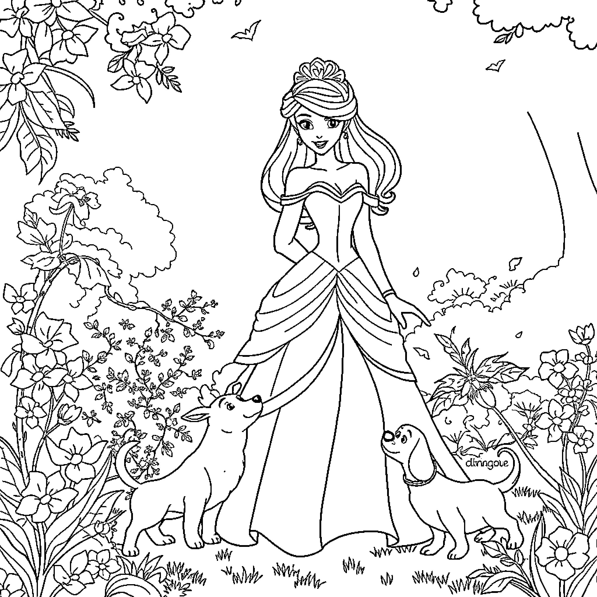 Disney Princess with forest animal companions Coloring Page (free black-and-white line drawing printable PDF for all, from beginners to advanced learners, including children, teens, adults, and seniors)