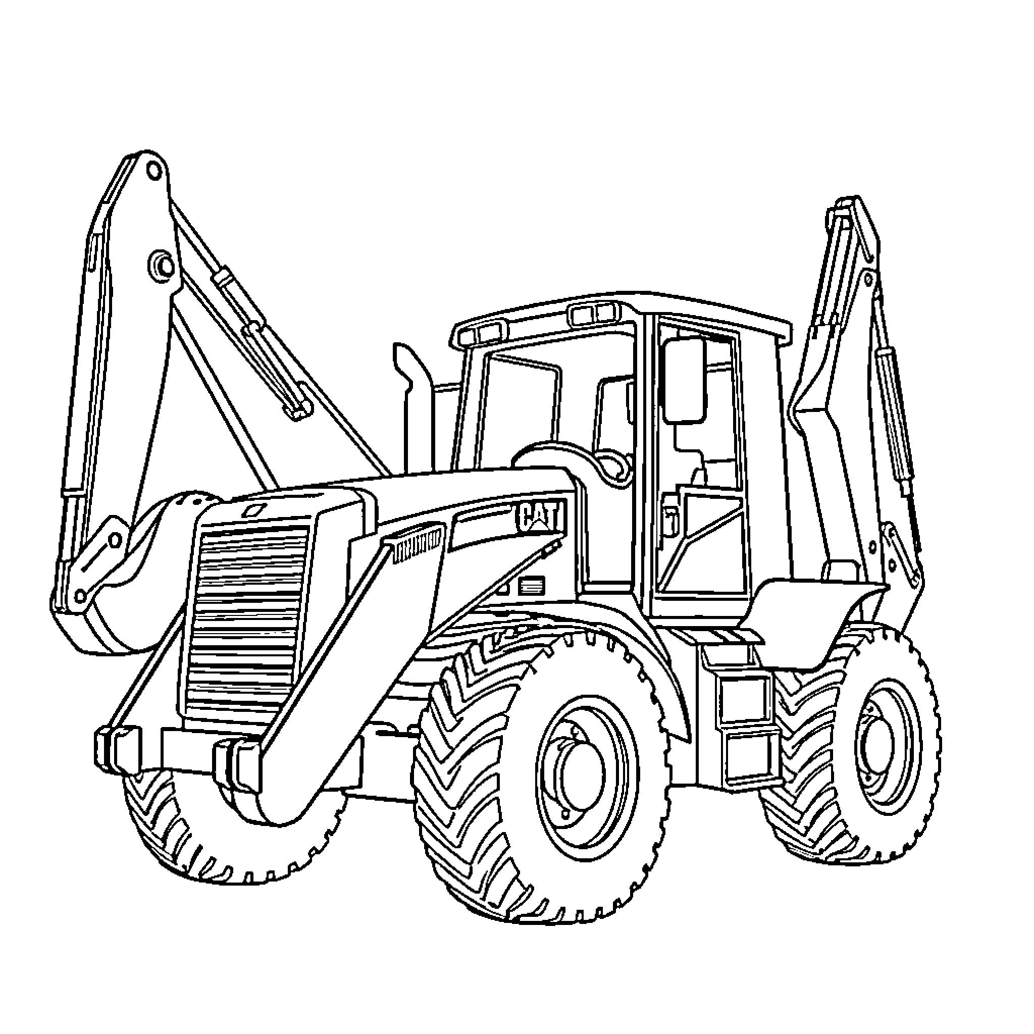 Backhoe Construction Vehicle Operating on Site Coloring Page (free black-and-white line drawing printable PDF for all, from beginners to advanced learners, including children, teens, adults, and seniors)