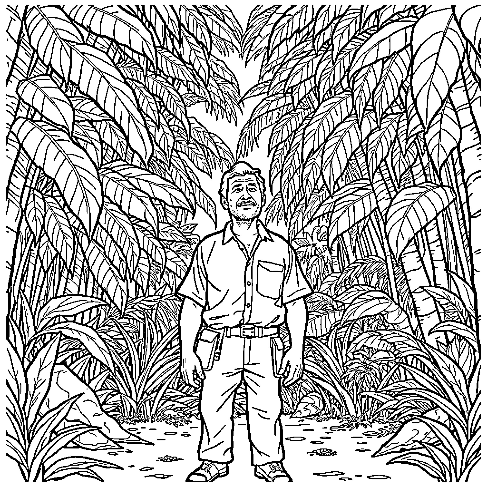Jim Elliot walking through the lush tropical vegetation Coloring Page (free black-and-white line drawing printable PDF for all, from beginners to advanced learners, including children, teens, adults, and seniors)
