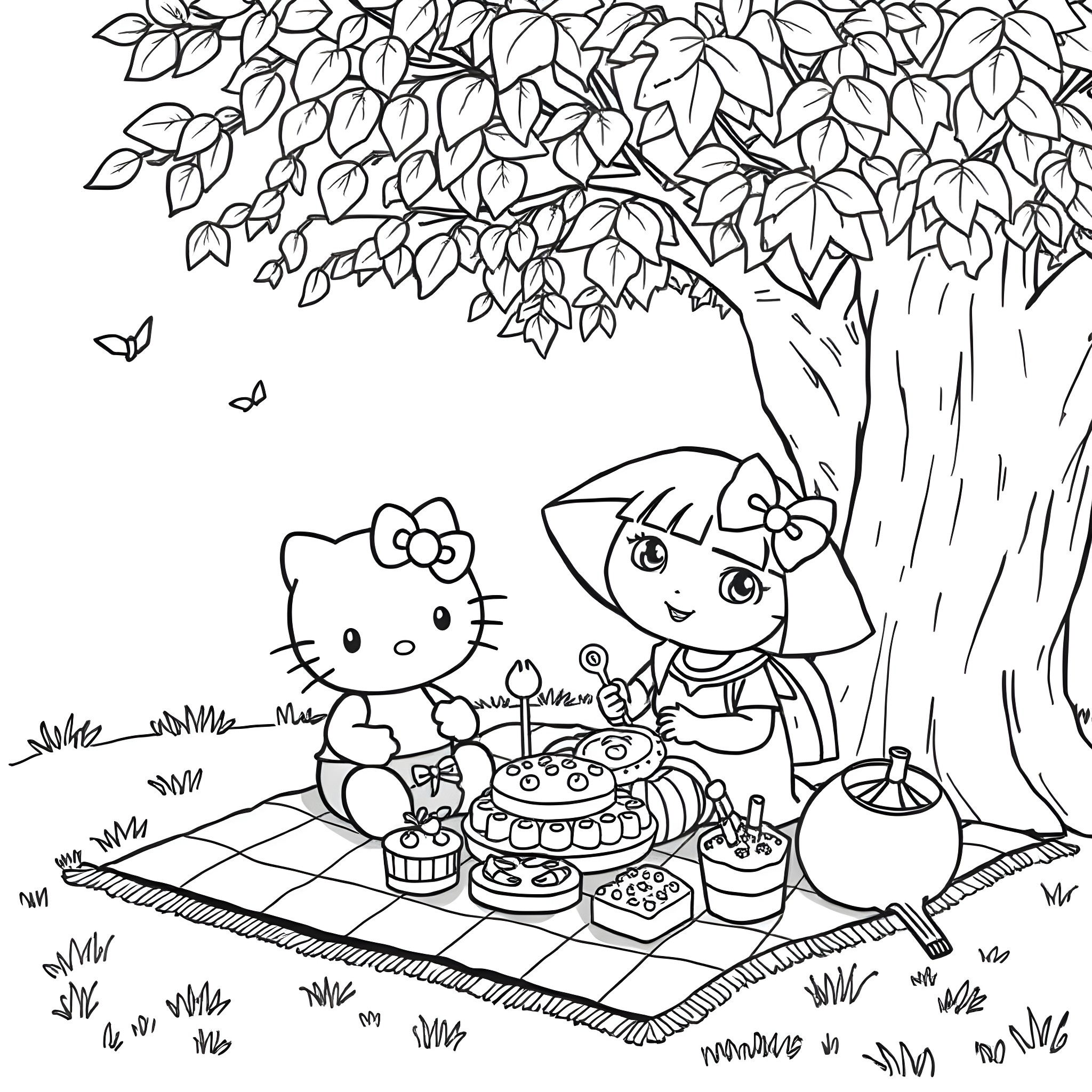 Hello Kitty and Dora having a picnic in the park Coloring Page (free black-and-white line drawing printable PDF for all, from beginners to advanced learners, including children, teens, adults, and seniors)
