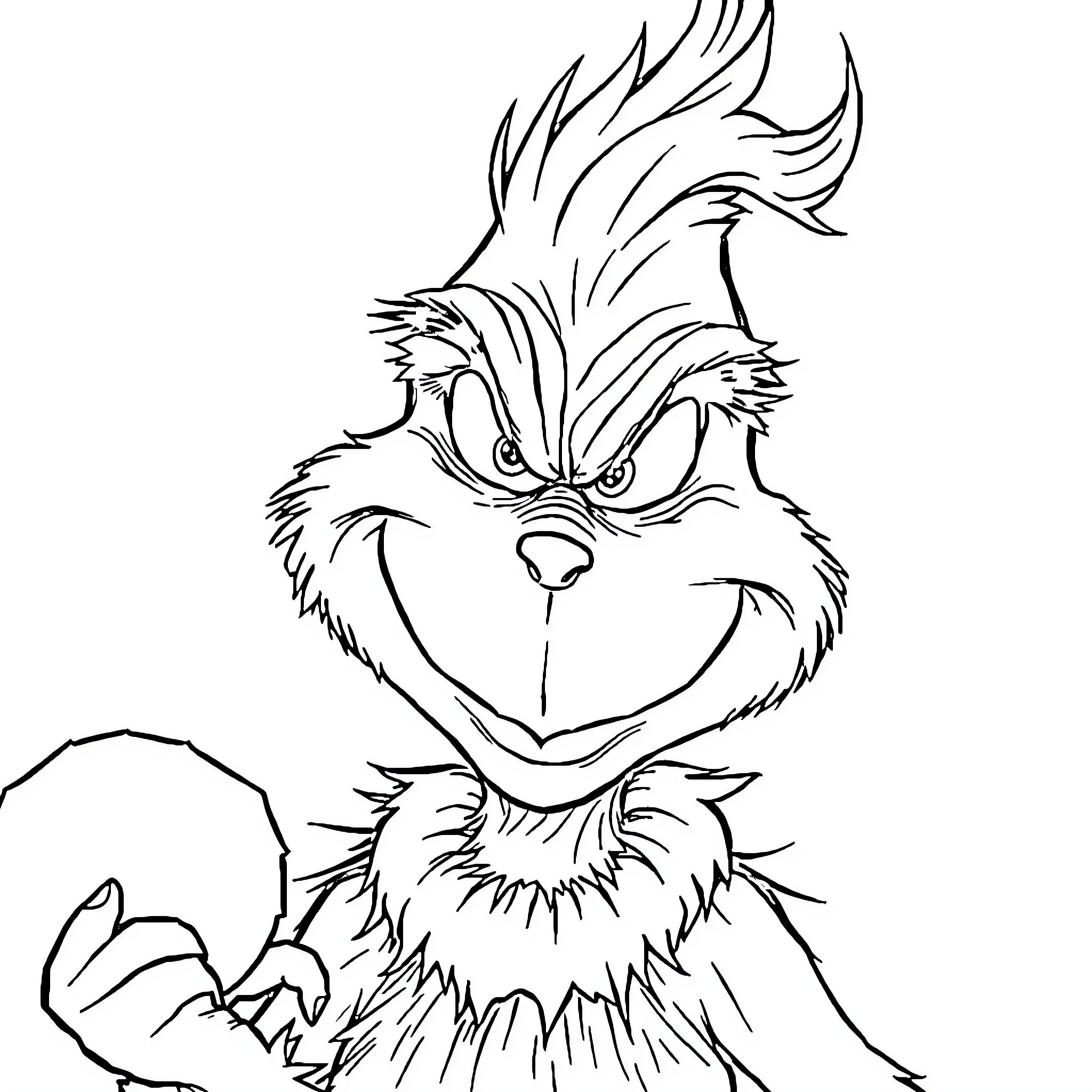 Grinch's Mischievous Antics Coloring Page (free black-and-white line drawing printable PDF for all, from beginners to advanced learners, including children, teens, adults, and seniors)