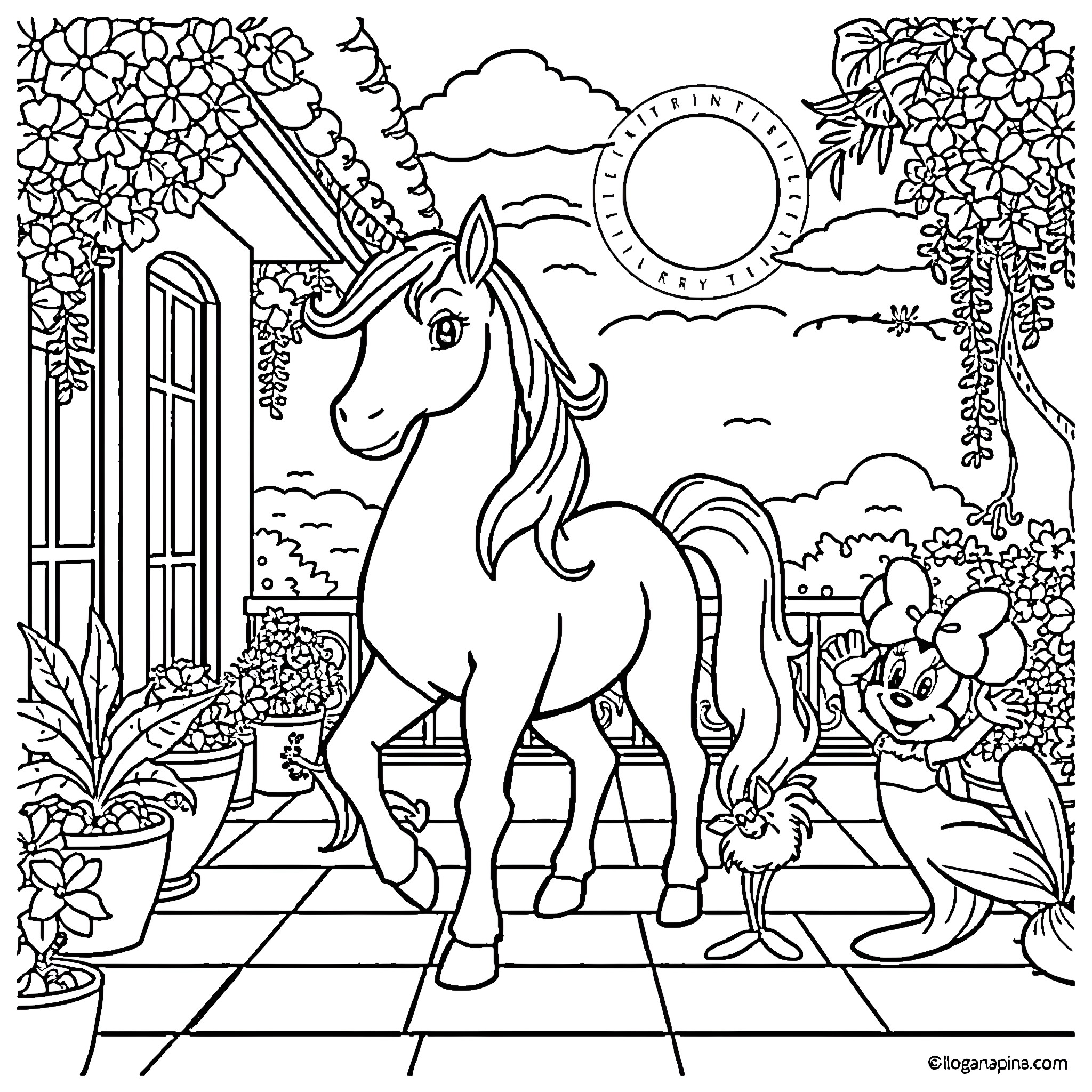 Unicorn standing beside a cottage in a floral garden Coloring Page (free black-and-white line drawing printable PDF for all, from beginners to advanced learners, including children, teens, adults, and seniors)