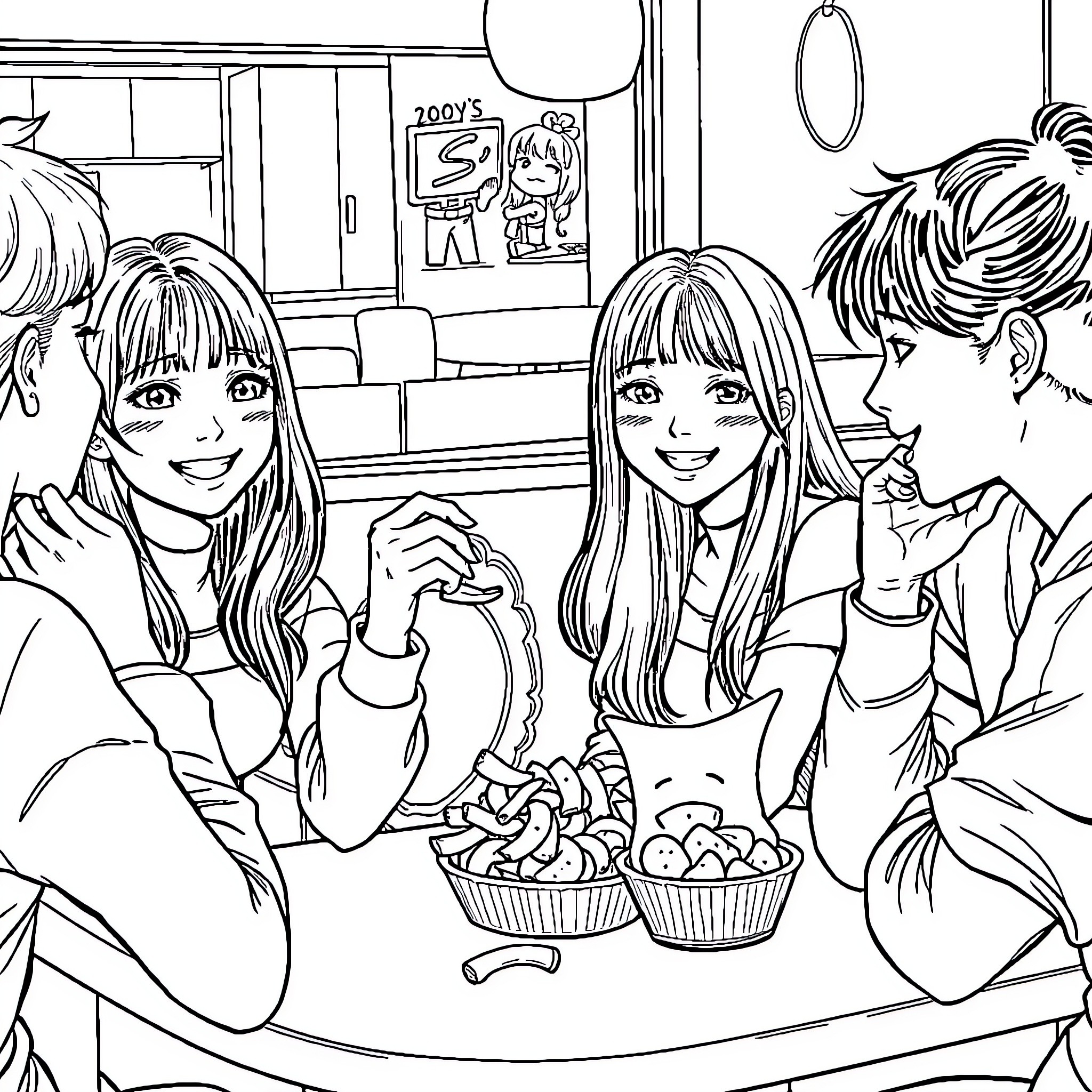 K Pop Group Enjoying Snacks Together Coloring Page (free black-and-white line drawing printable PDF for all, from beginners to advanced learners, including children, teens, adults, and seniors)