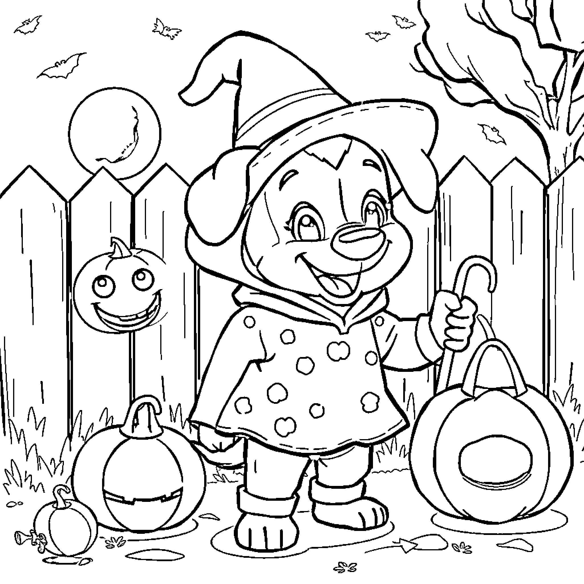 Bluey's Spooky Halloween Adventure Coloring Page (free black-and-white line drawing printable PDF for all, from beginners to advanced learners, including children, teens, adults, and seniors)