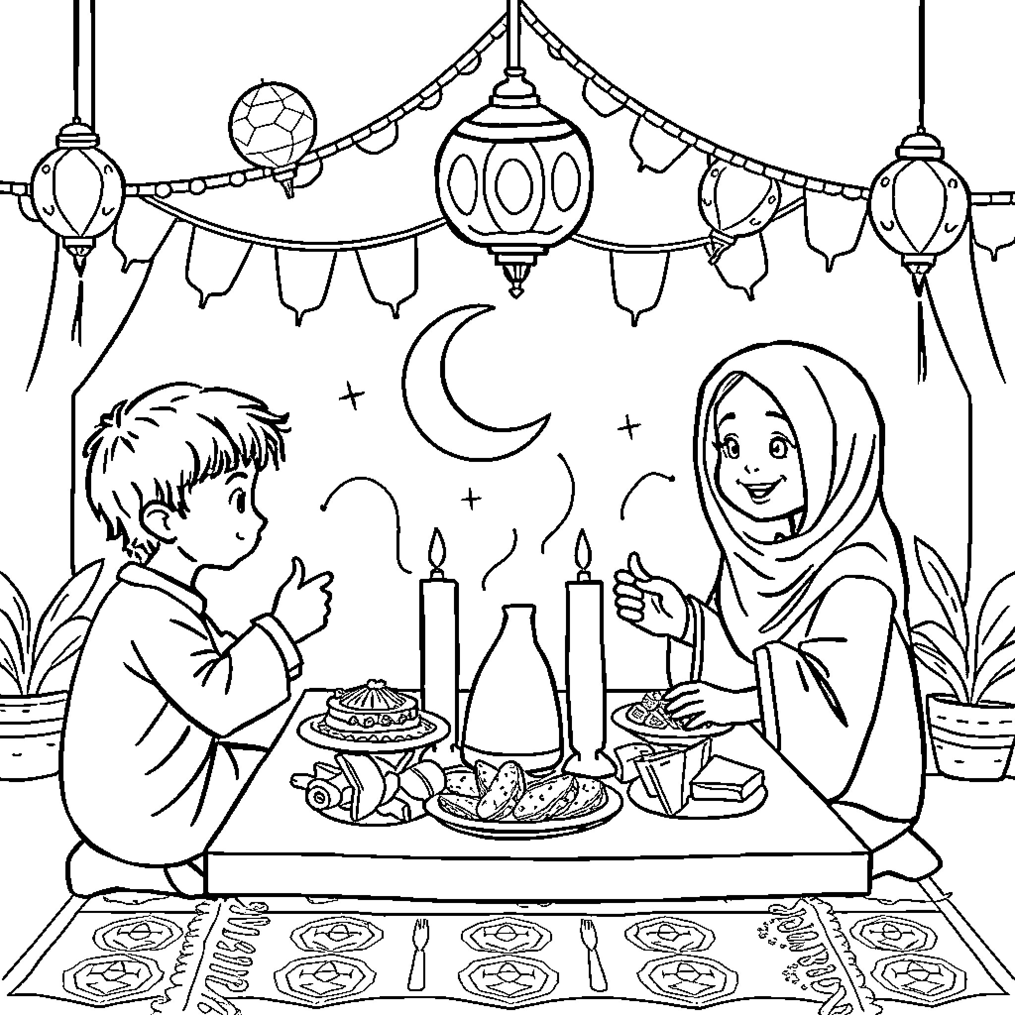Iftar celebration with traditional dishes and festive decor Coloring Page (free black-and-white line drawing printable PDF for all, from beginners to advanced learners, including children, teens, adults, and seniors)