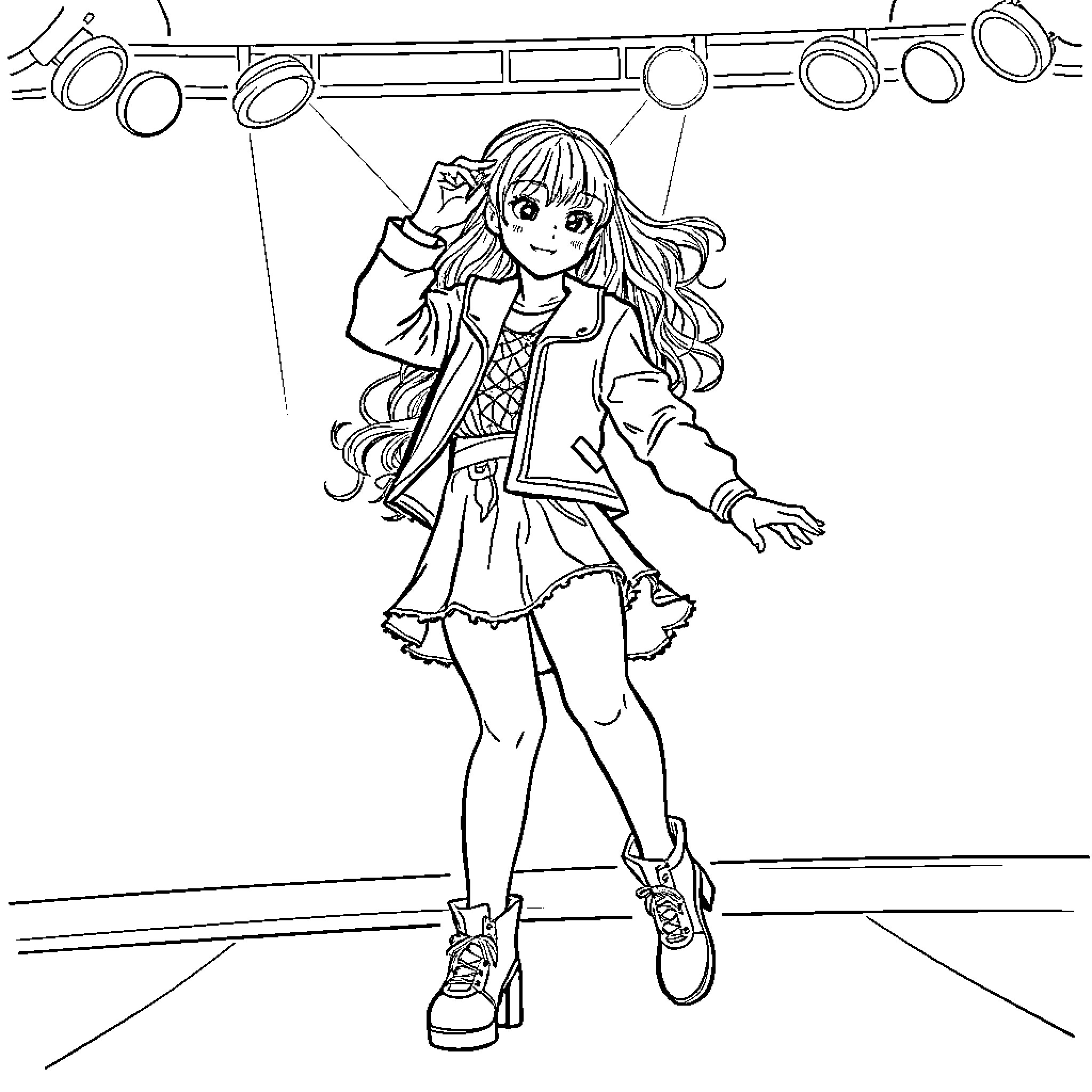 Romy's Joyful Performance on the Stage Coloring Page (free black-and-white line drawing printable PDF for all, from beginners to advanced learners, including children, teens, adults, and seniors)