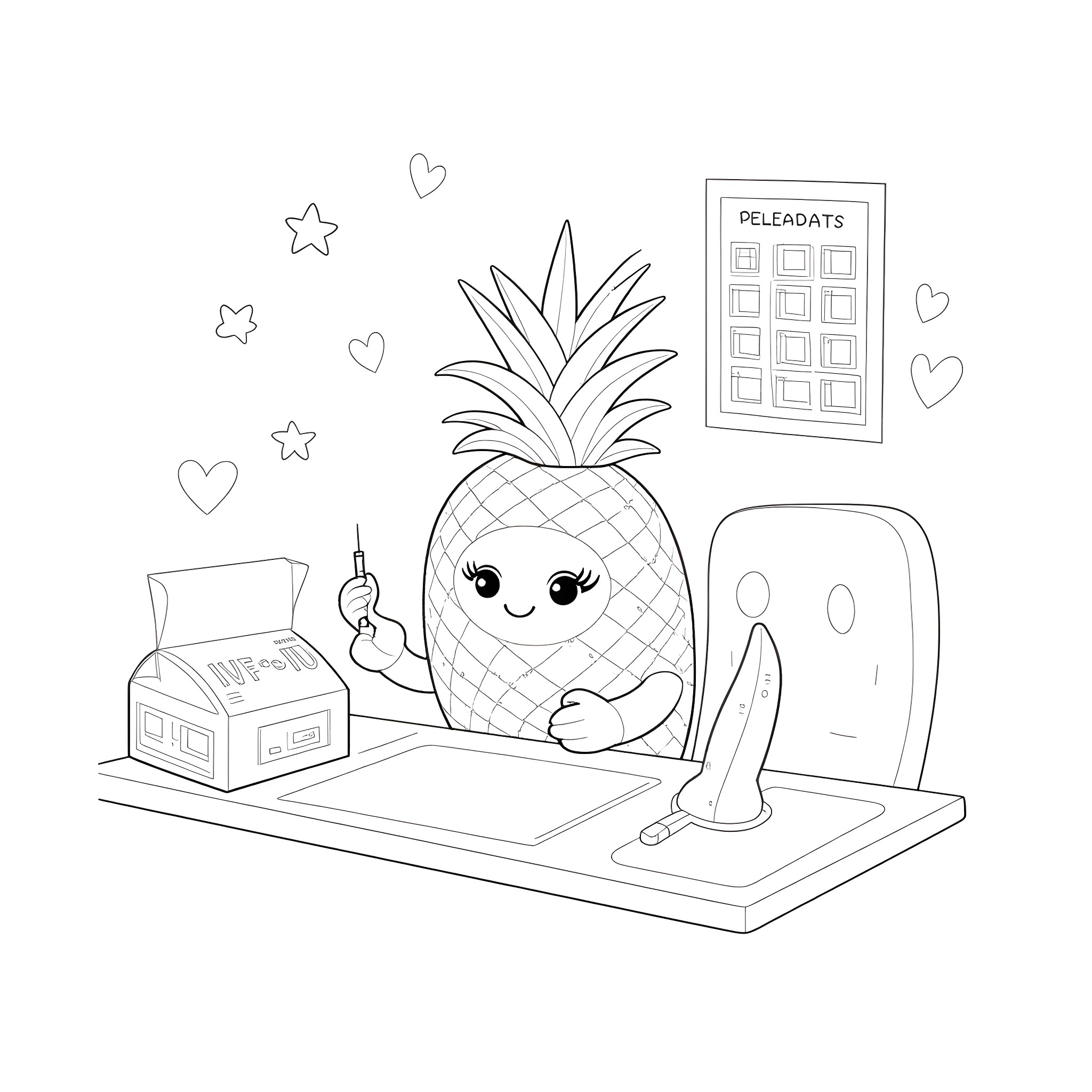 Pineapple character in a playful workspace Coloring Page (free black-and-white line drawing printable PDF for all, from beginners to advanced learners, including children, teens, adults, and seniors)