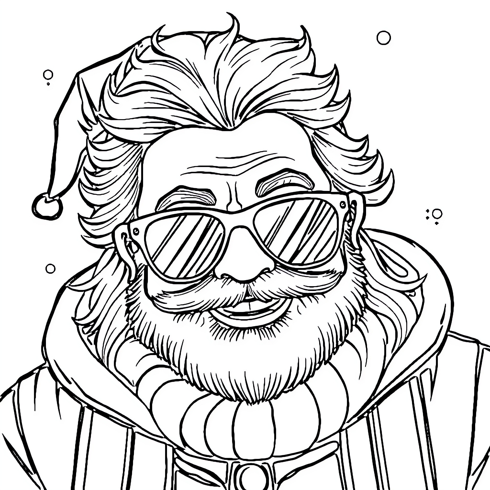 Nikolaus in Festive Attire and Sunglasses Coloring Page (free black-and-white line drawing printable PDF for all, from beginners to advanced learners, including children, teens, adults, and seniors)