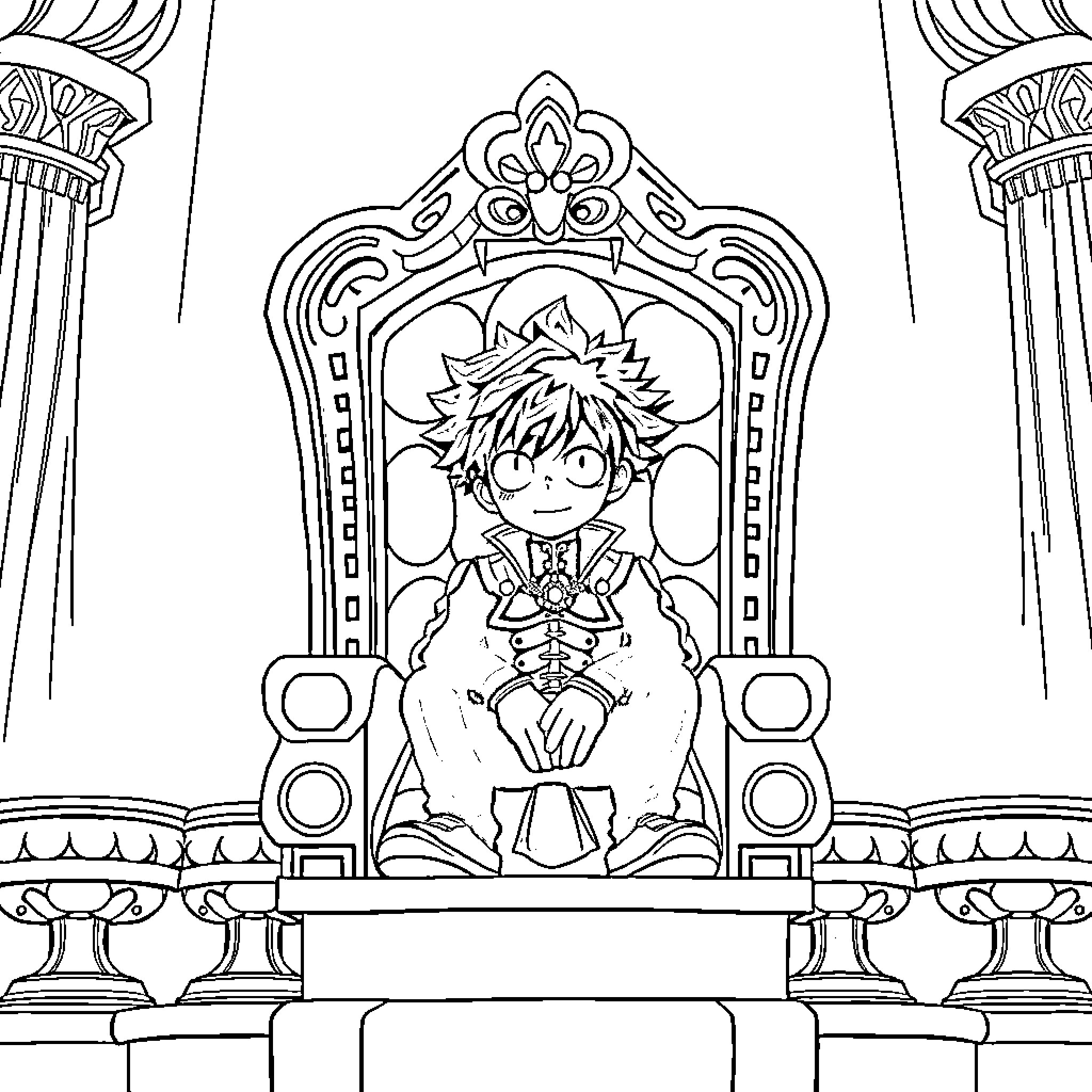 Izuku Midoriya sitting on a grand throne Coloring Page (free black-and-white line drawing printable PDF for all, from beginners to advanced learners, including children, teens, adults, and seniors)