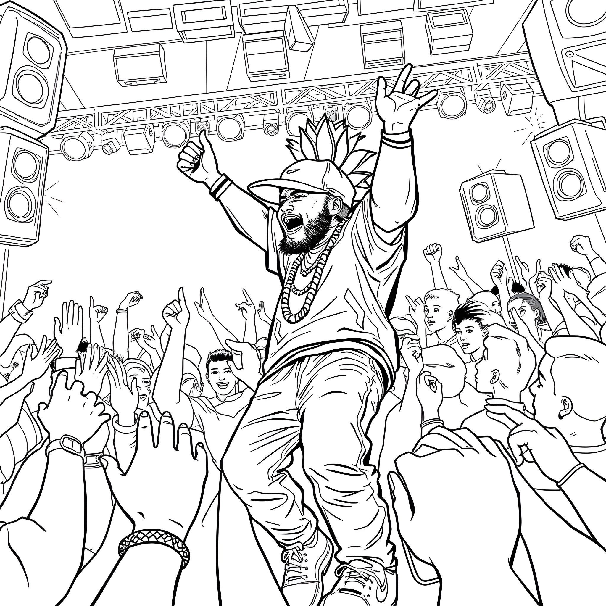 Labubu leading the crowd with enthusiasm Coloring Page (free black-and-white line drawing printable PDF for all, from beginners to advanced learners, including children, teens, adults, and seniors)