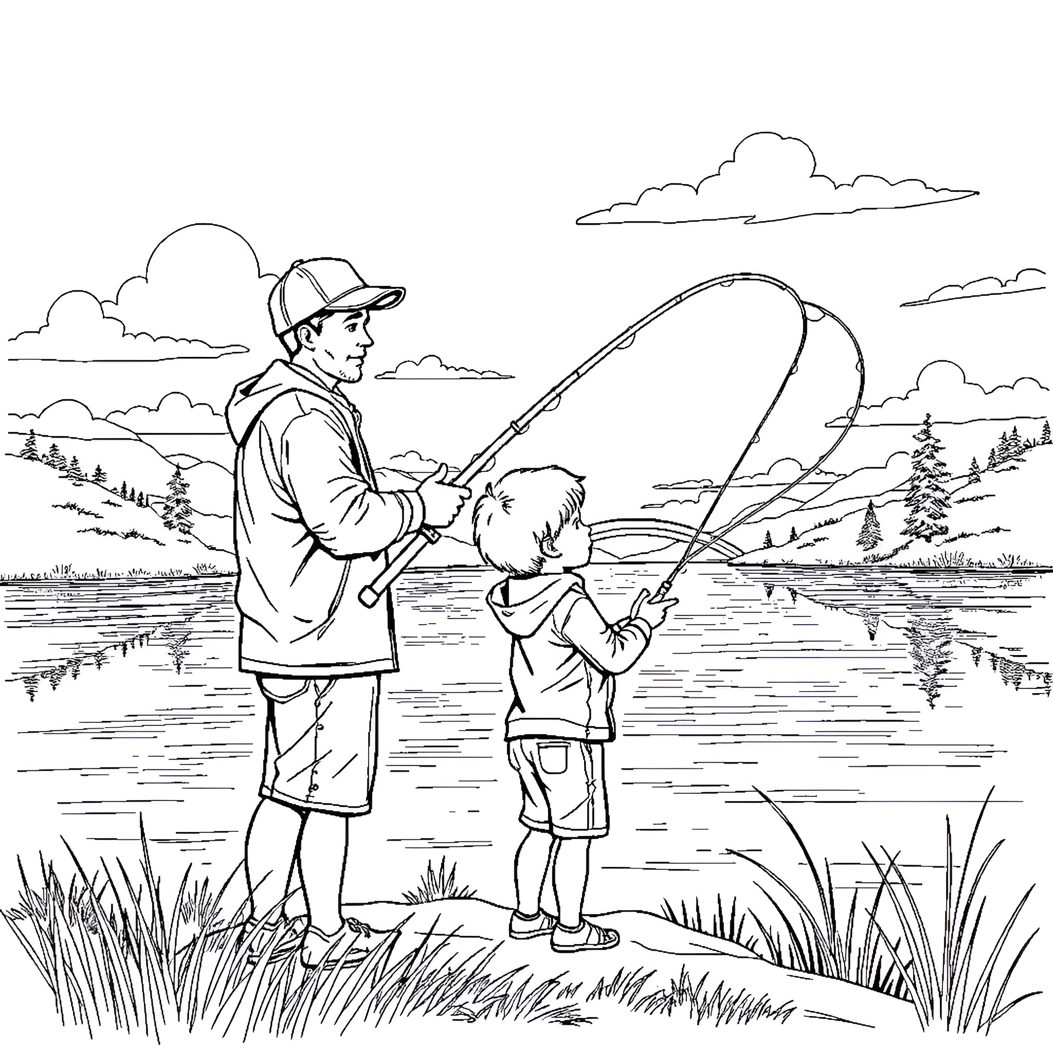 Boy fishing with father in the countryside Coloring Page (free black-and-white line drawing printable PDF for all, from beginners to advanced learners, including children, teens, adults, and seniors)