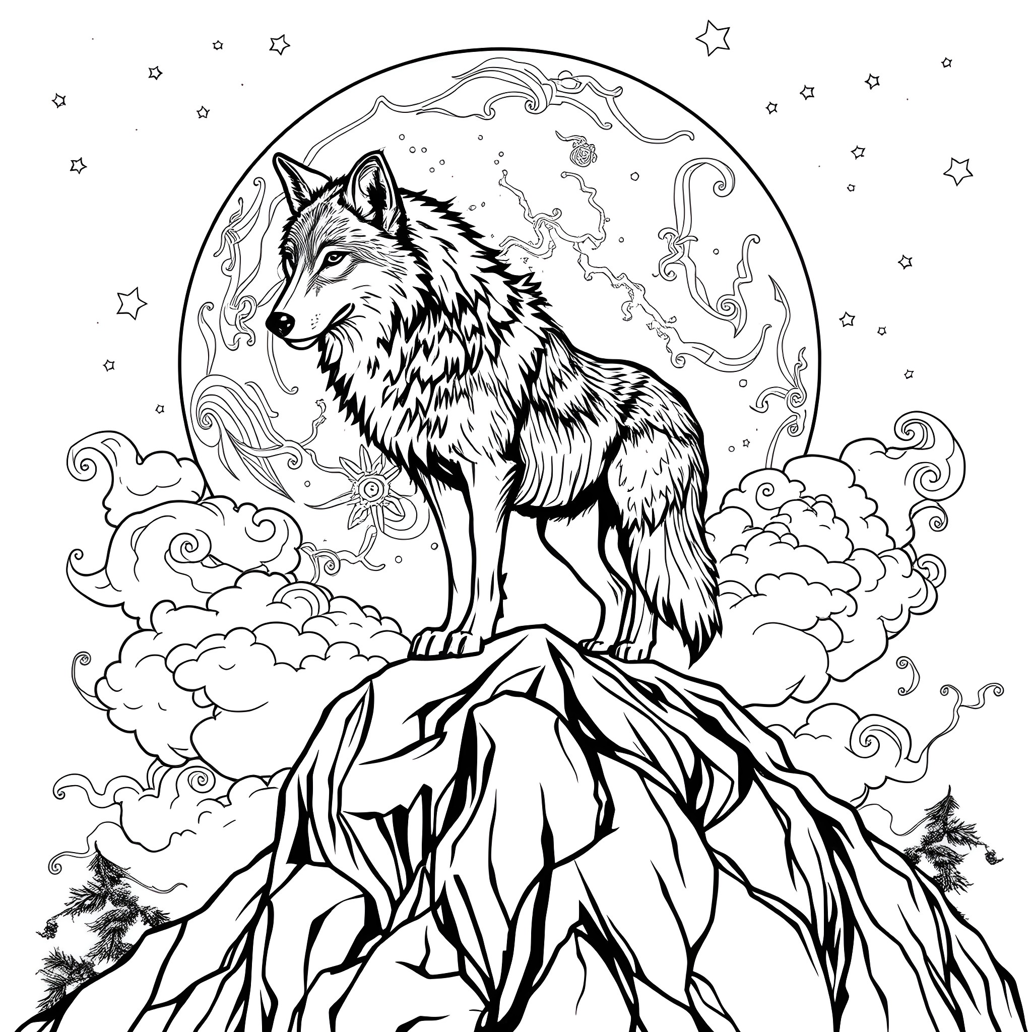 Wolf howling under the moonlit sky Coloring Page (free black-and-white line drawing printable PDF for all, from beginners to advanced learners, including children, teens, adults, and seniors)