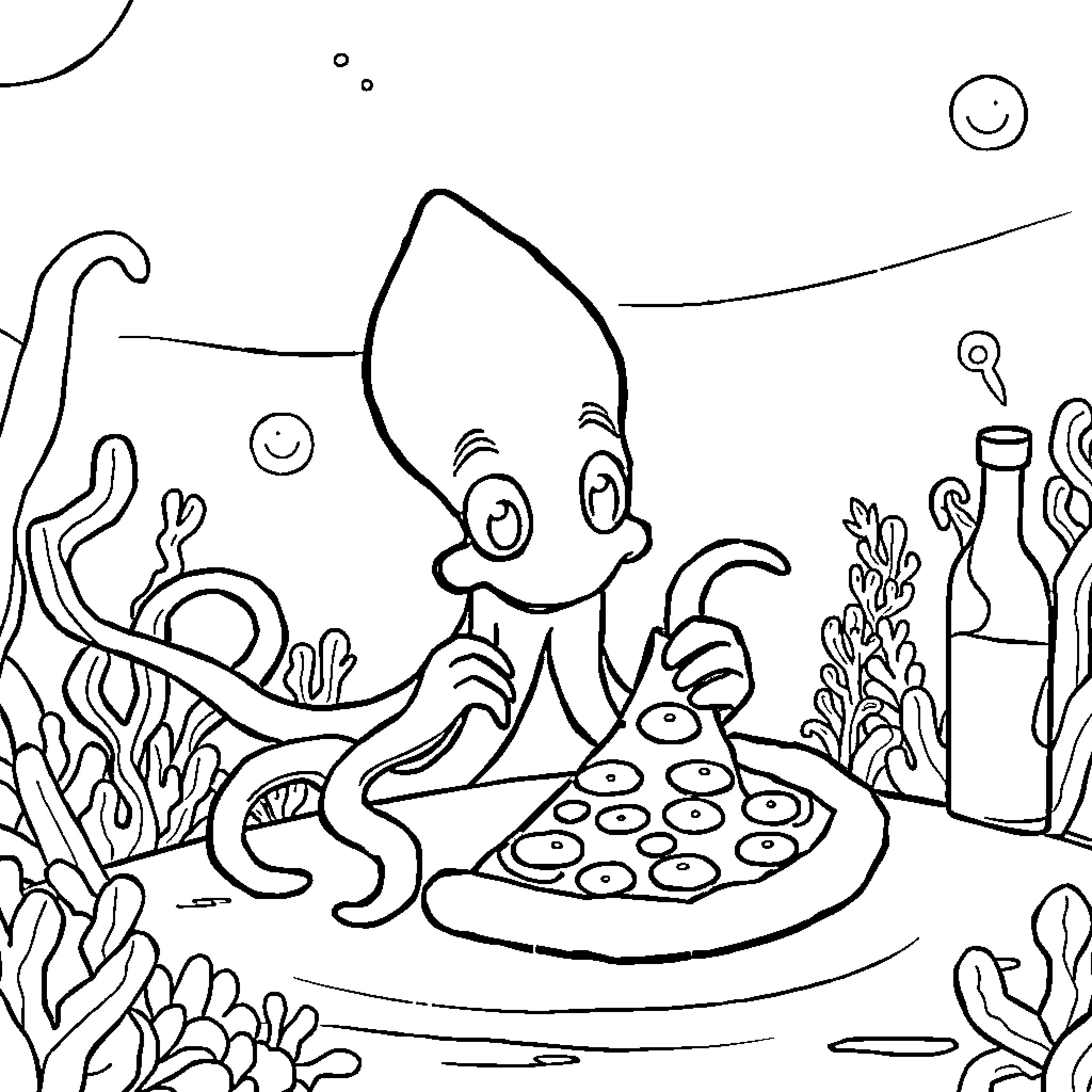 Squid enjoying a meal in the underwater scene Coloring Page (free black-and-white line drawing printable PDF for all, from beginners to advanced learners, including children, teens, adults, and seniors)