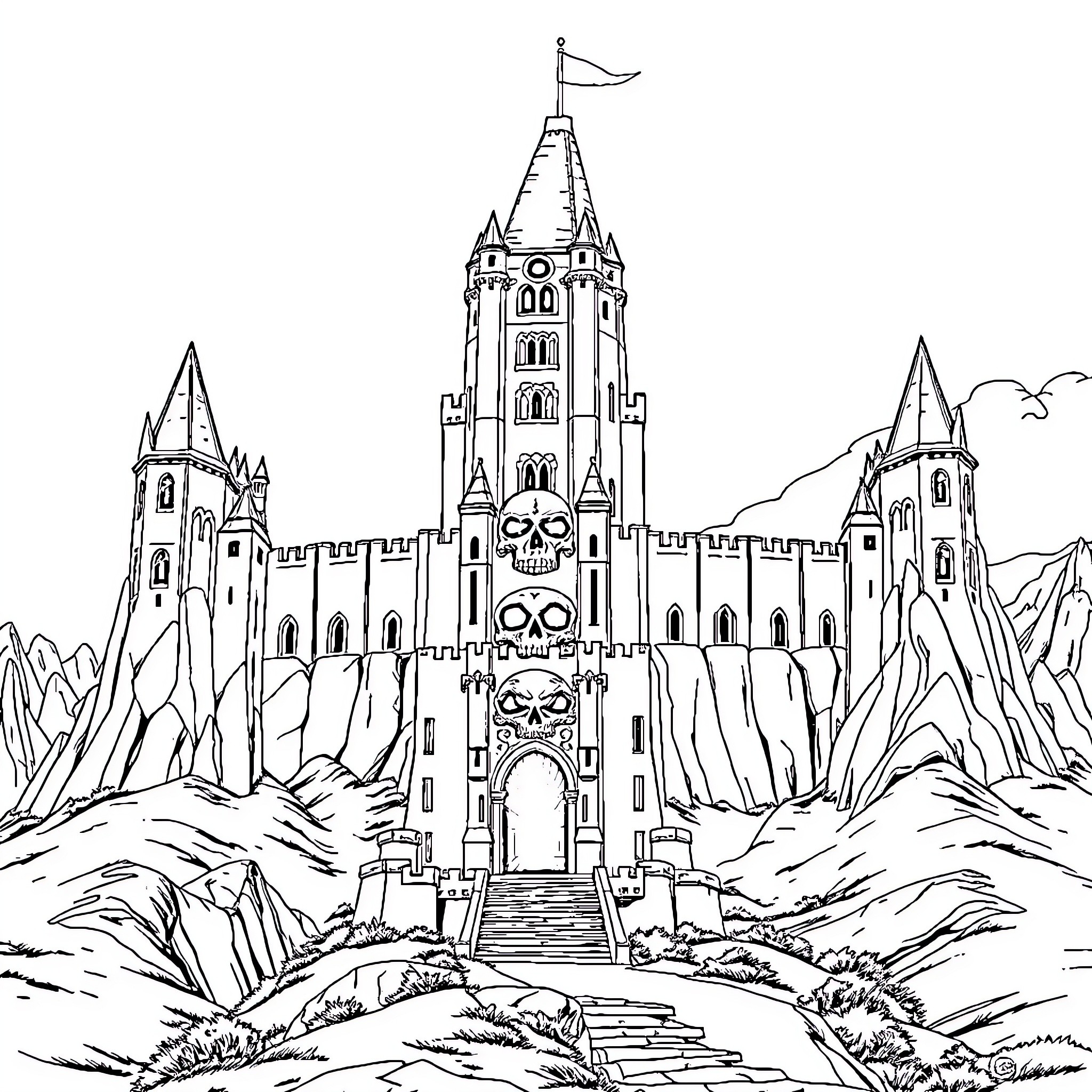 Castle of Mysterious Towers and Flags Coloring Page (free black-and-white line drawing printable PDF for all, from beginners to advanced learners, including children, teens, adults, and seniors)