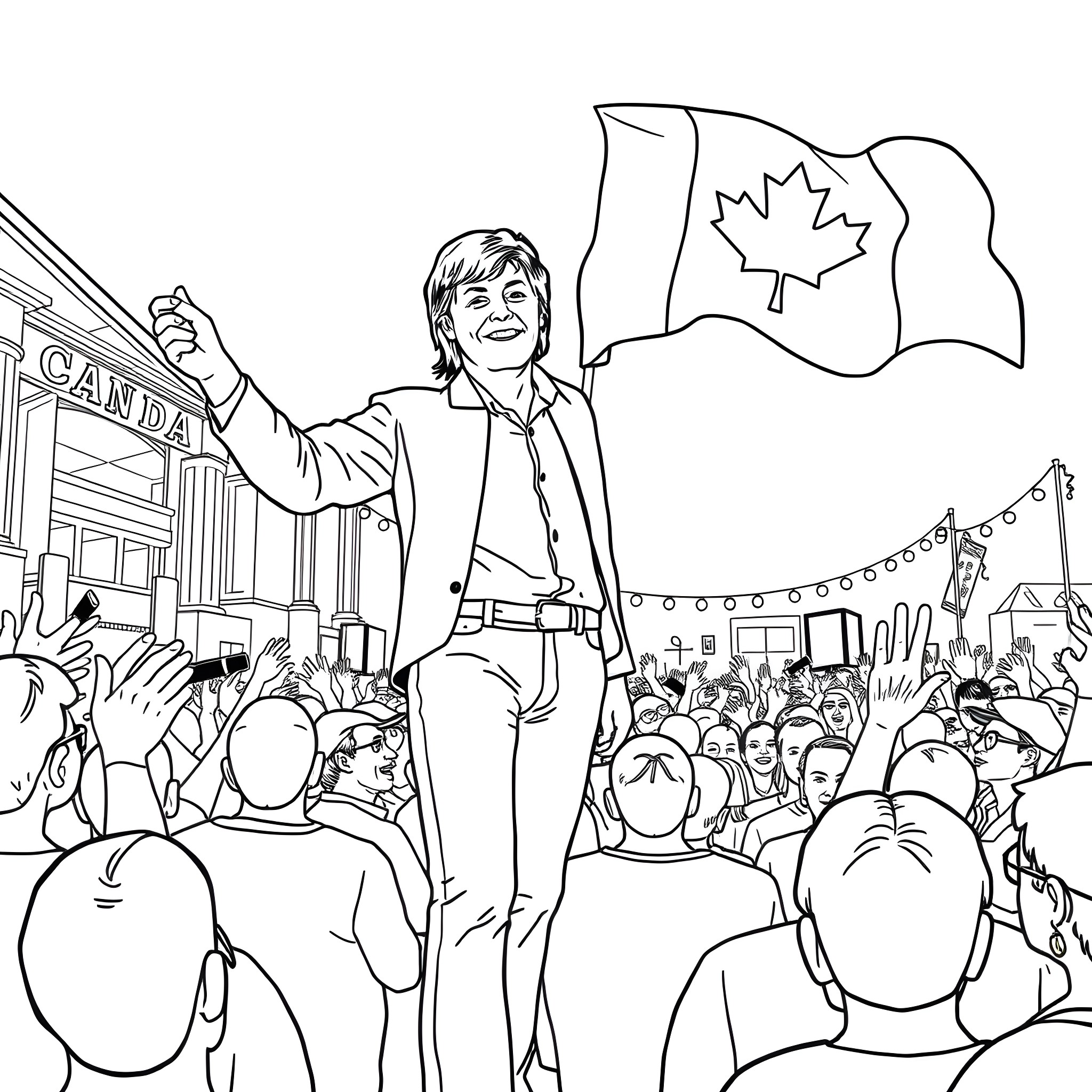 Paul McCartney greeting enthusiastic crowd with Canadian flag Coloring Page (free black-and-white line drawing printable PDF for all, from beginners to advanced learners, including children, teens, adults, and seniors)