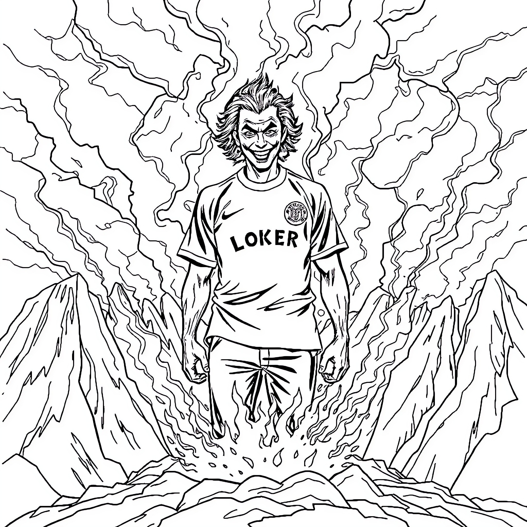 Joker amidst lightning and mountains Coloring Page (free black-and-white line drawing printable PDF for all, from beginners to advanced learners, including children, teens, adults, and seniors)