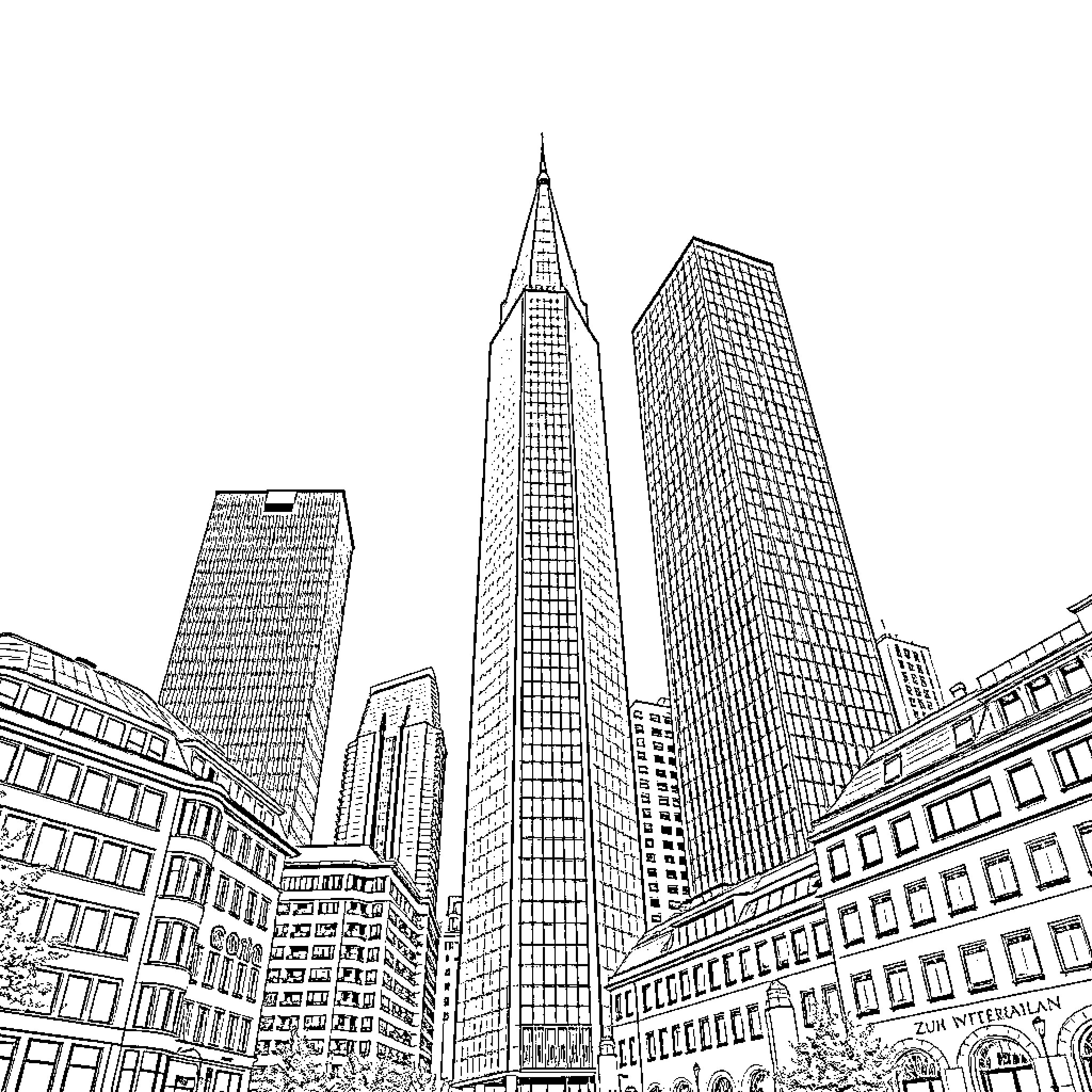 Zürich cityscape with distinctive skyscrapers and architecture Coloring Page (free black-and-white line drawing printable PDF for all, from beginners to advanced learners, including children, teens, adults, and seniors)