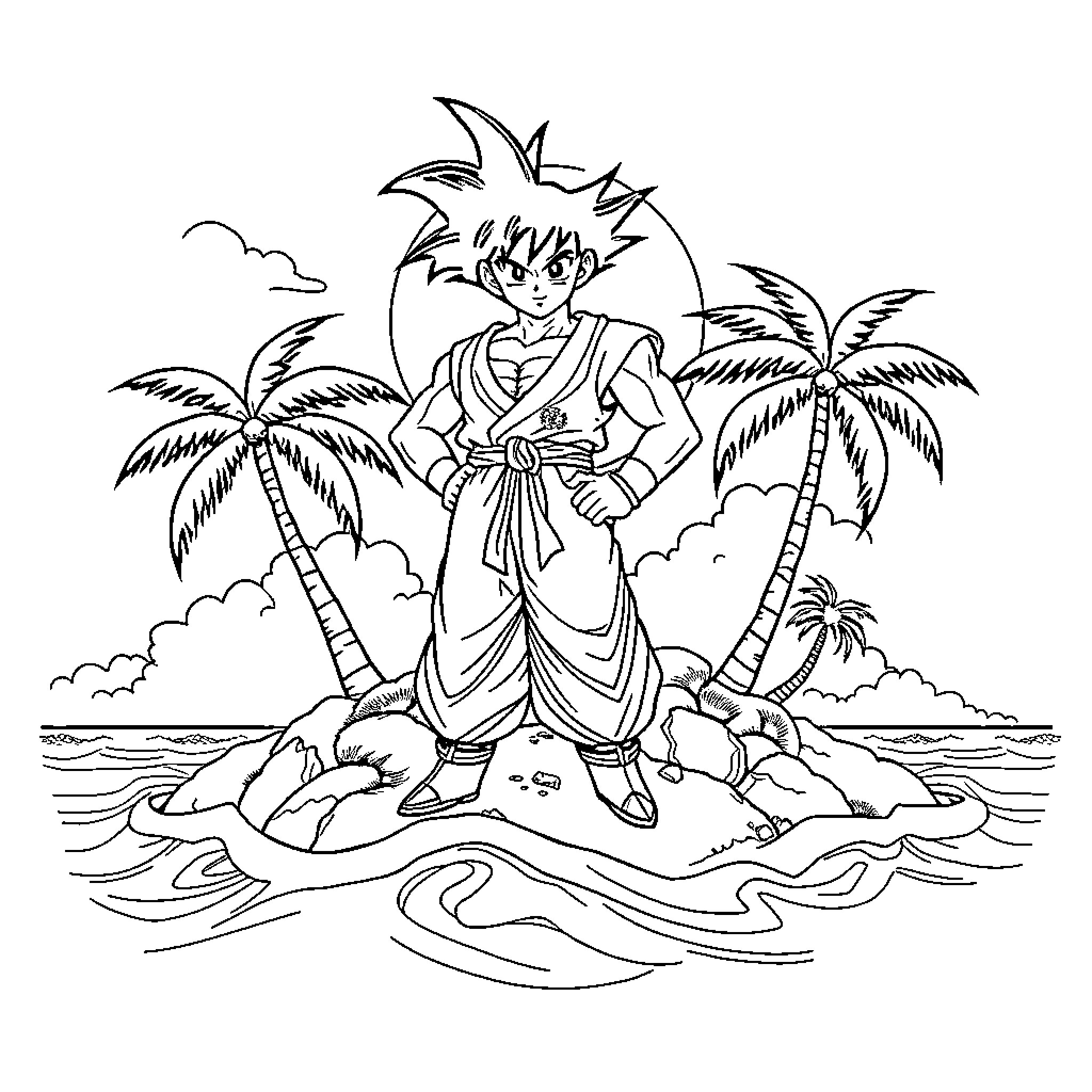 Son Goku in tropical island adventure Coloring Page (free black-and-white line drawing printable PDF for all, from beginners to advanced learners, including children, teens, adults, and seniors)