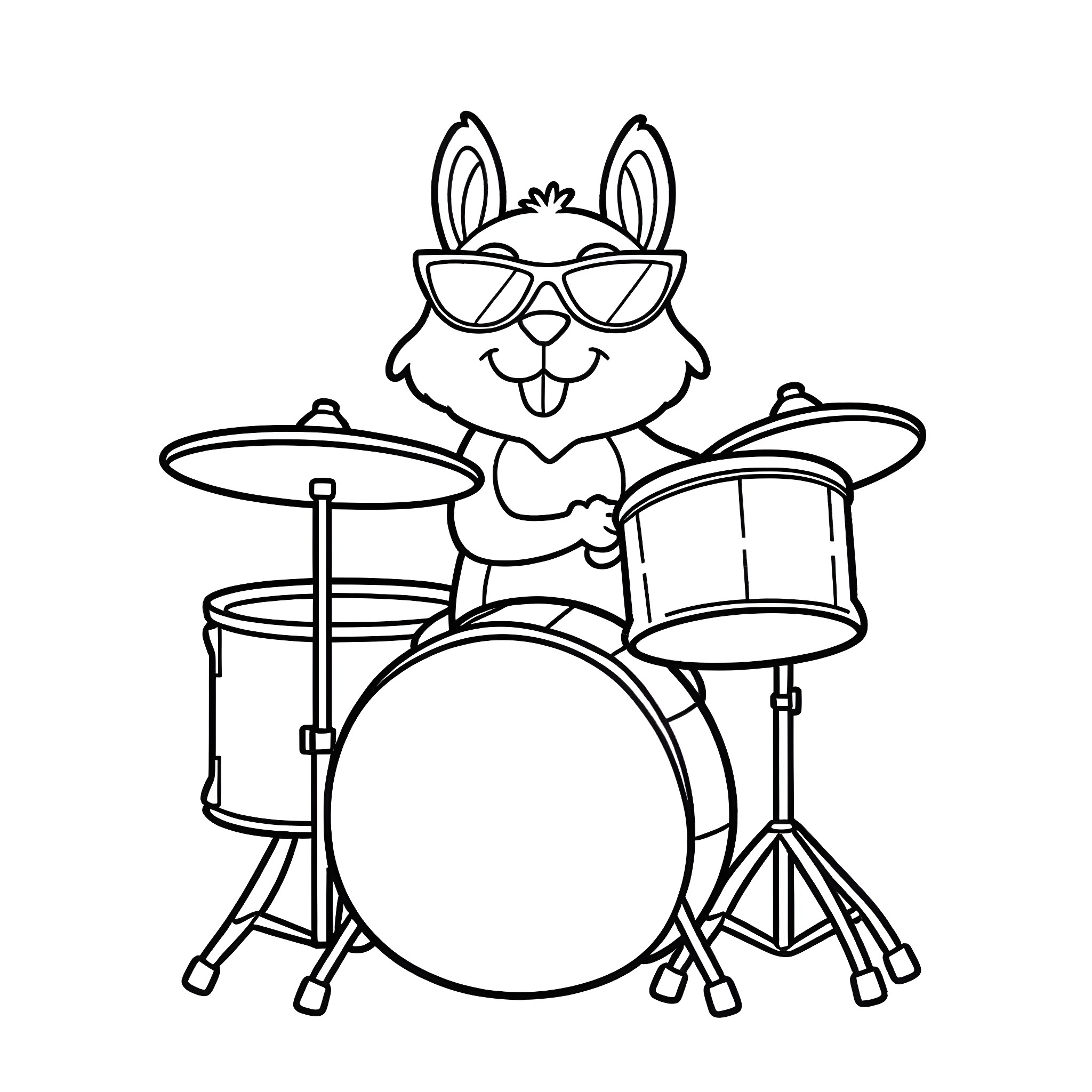 Squirrel playing drums in sunglasses Coloring Page (free black-and-white line drawing printable PDF for all, from beginners to advanced learners, including children, teens, adults, and seniors)