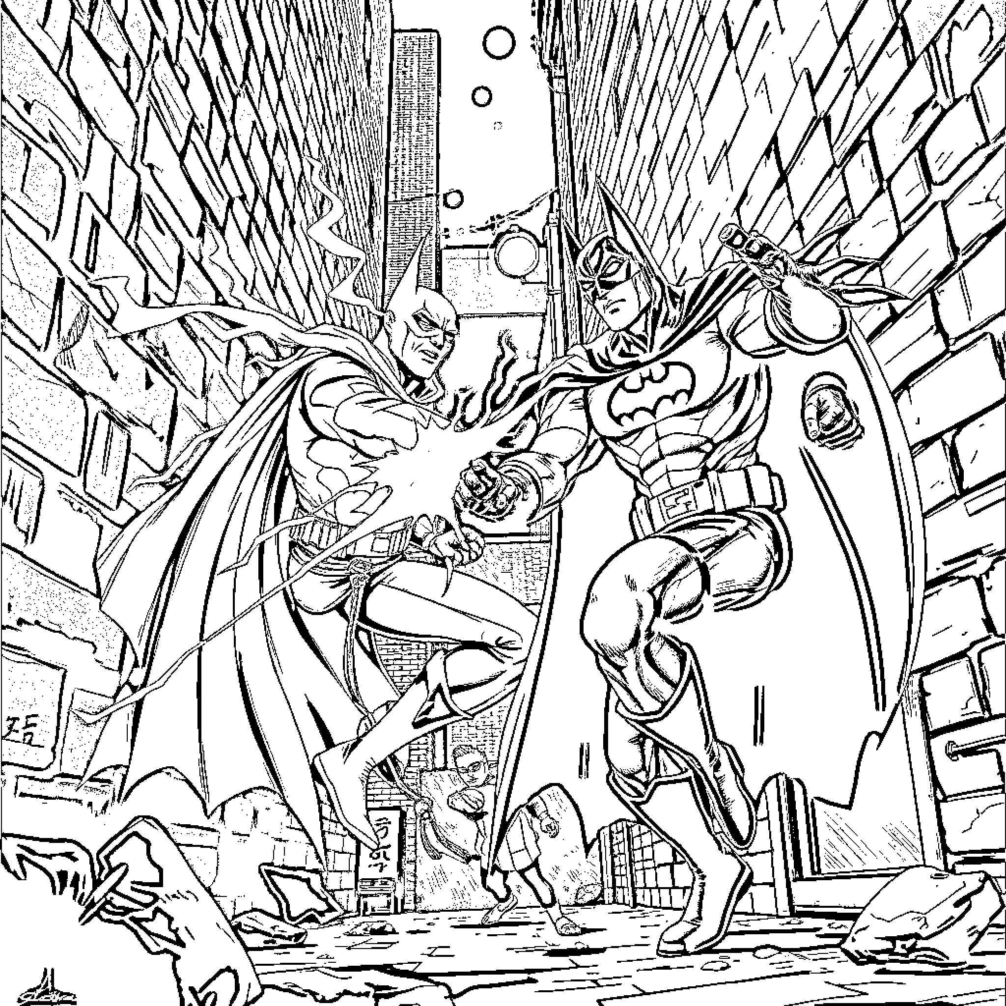 Batman and Superhero Clash in the City Coloring Page (free black-and-white line drawing printable PDF for all, from beginners to advanced learners, including children, teens, adults, and seniors)