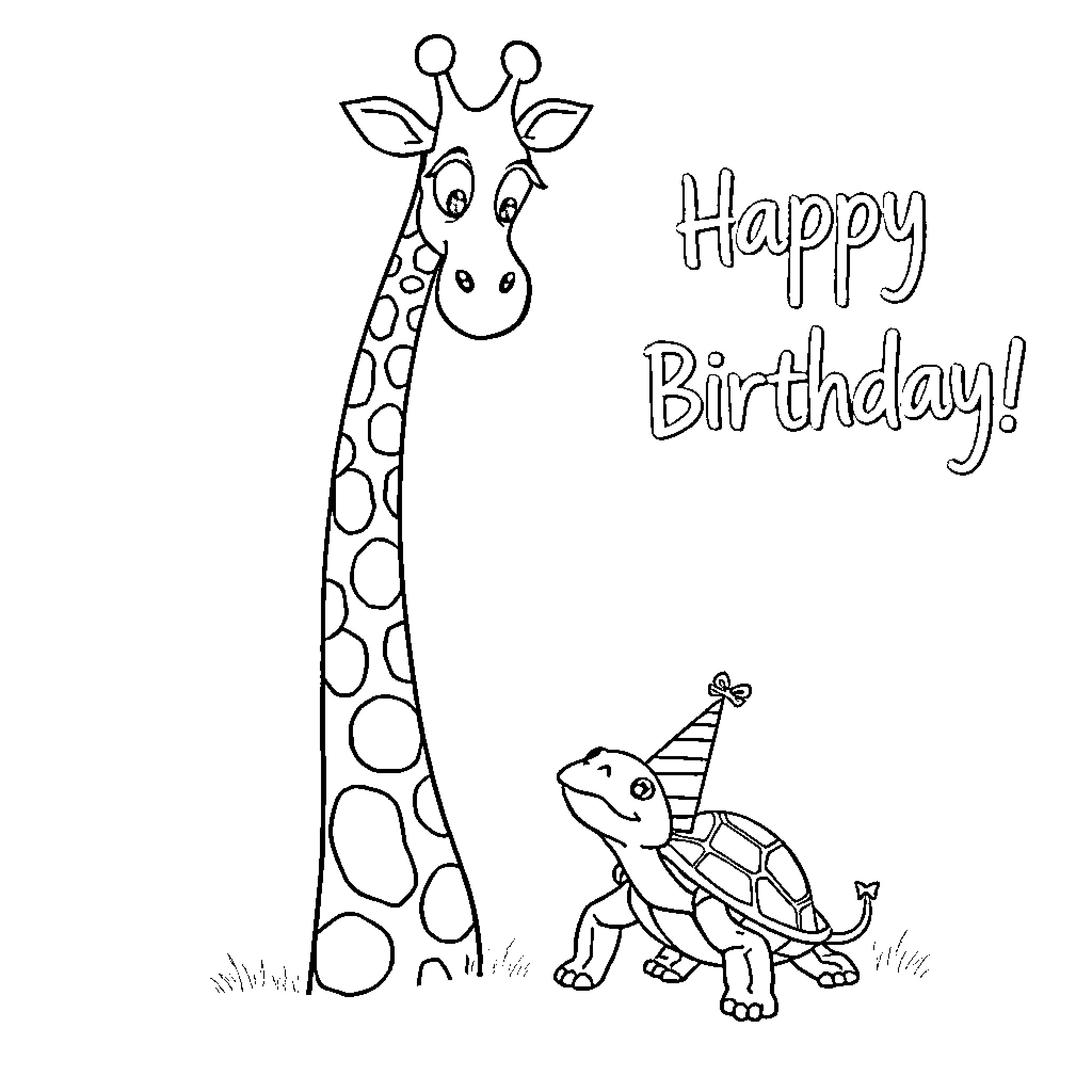 Giraffe celebrating happy birthday with a lizard Coloring Page (free black-and-white line drawing printable PDF for all, from beginners to advanced learners, including children, teens, adults, and seniors)