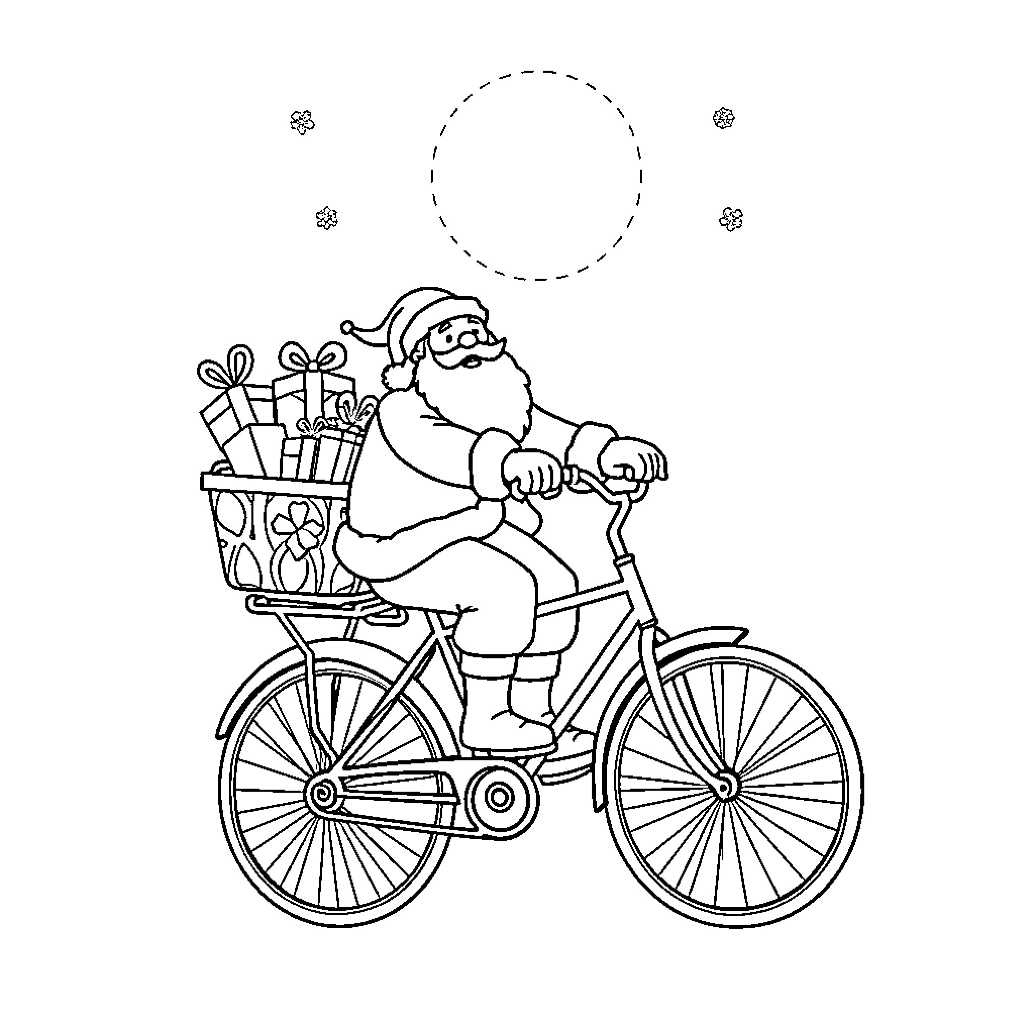 Santa Claus riding a bicycle with gifts Coloring Page (free black-and-white line drawing printable PDF for all, from beginners to advanced learners, including children, teens, adults, and seniors)