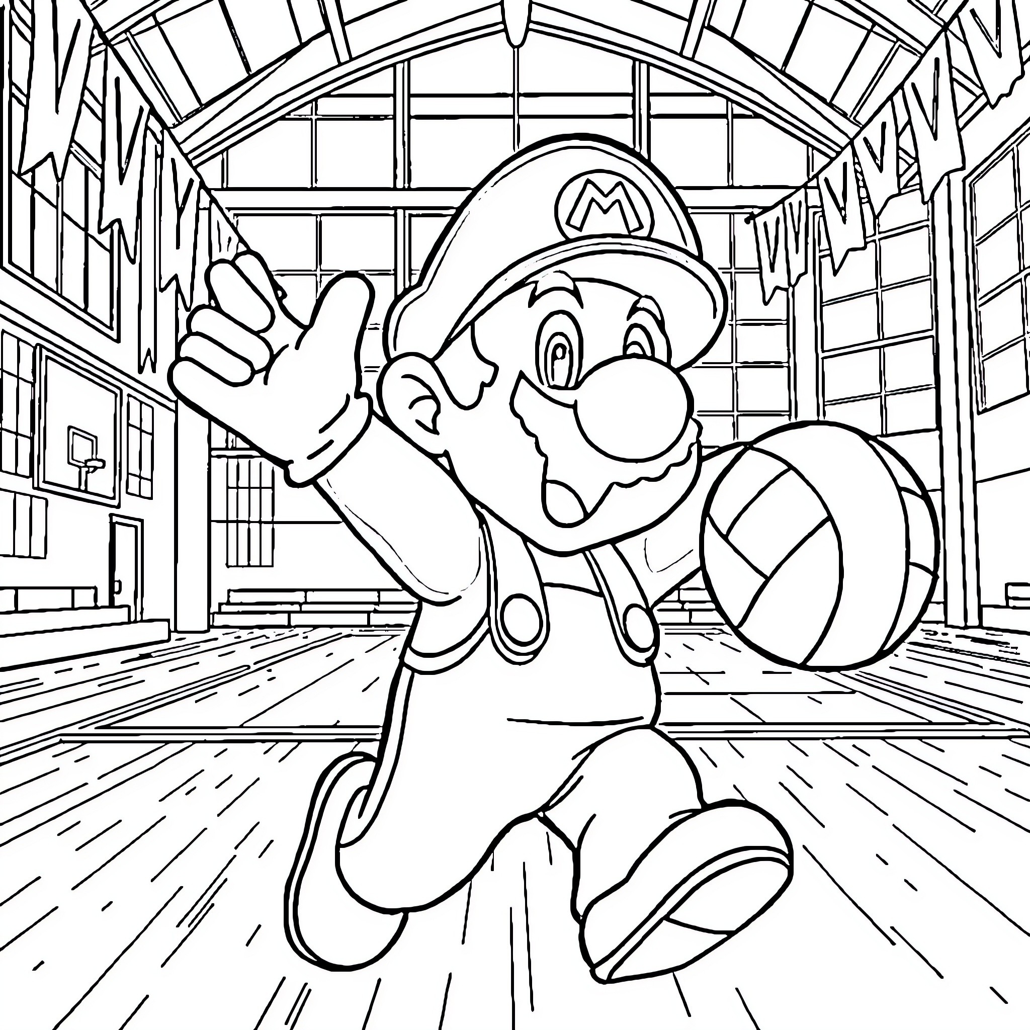 Mario jumping with excitement in a sports facility Coloring Page (free black-and-white line drawing printable PDF for all, from beginners to advanced learners, including children, teens, adults, and seniors)