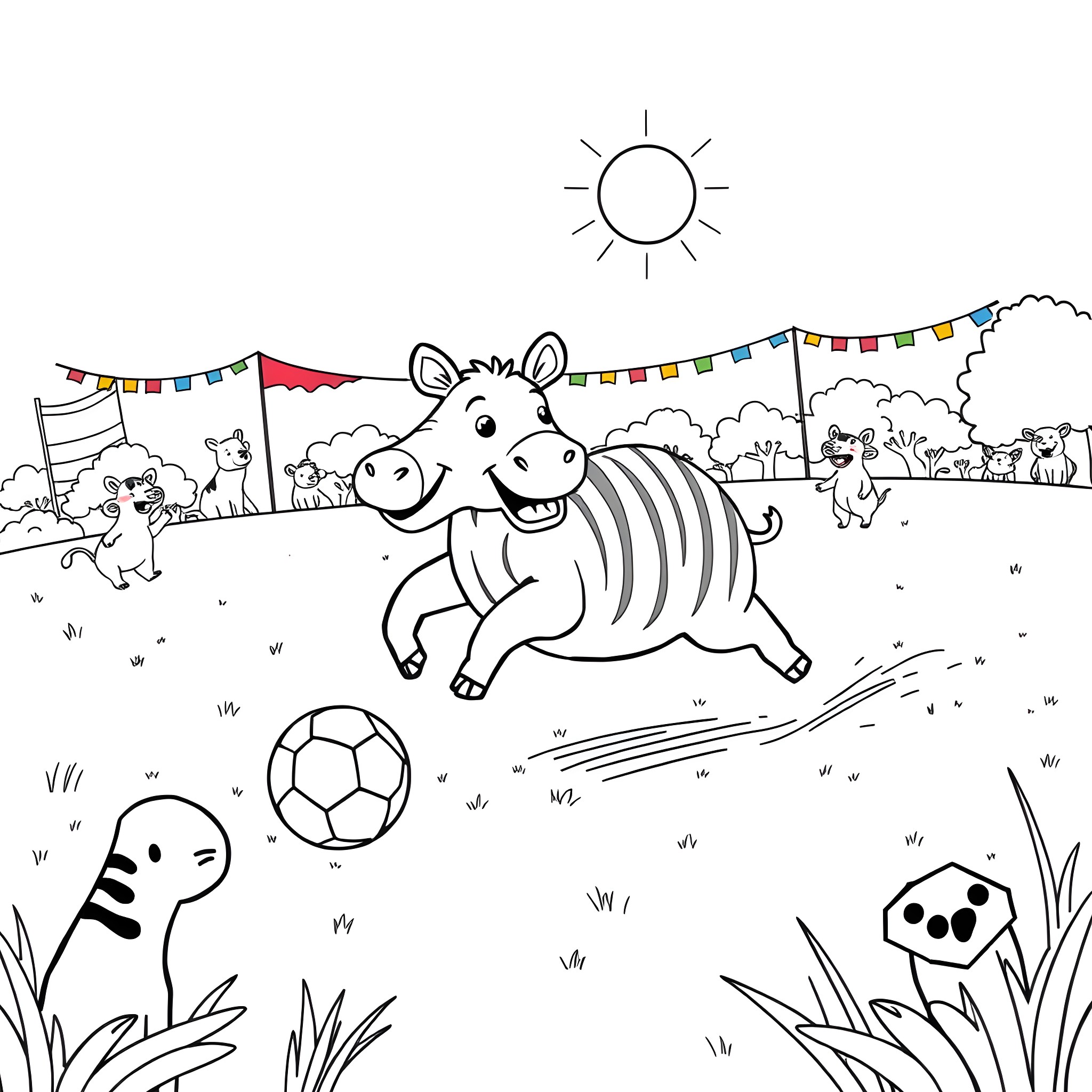 Tapir enjoying a sunny day at the carnival Coloring Page (free black-and-white line drawing printable PDF for all, from beginners to advanced learners, including children, teens, adults, and seniors)