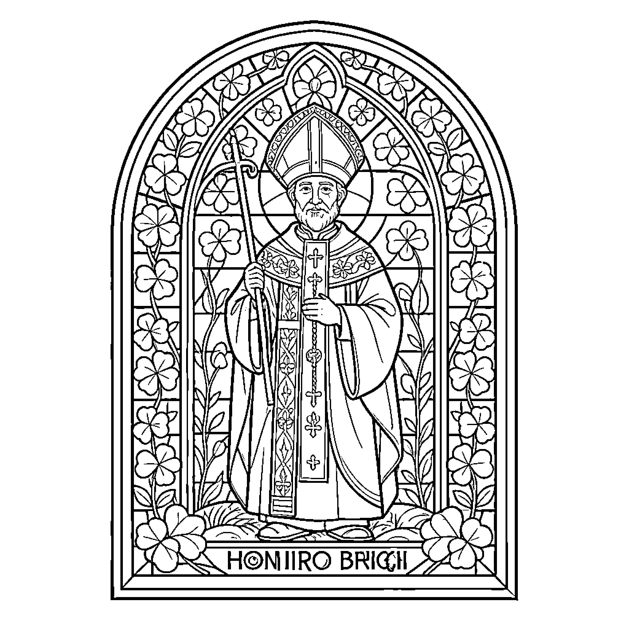 Saint Patrick in Stained Glass Window Coloring Page (free black-and-white line drawing printable PDF for all, from beginners to advanced learners, including children, teens, adults, and seniors)