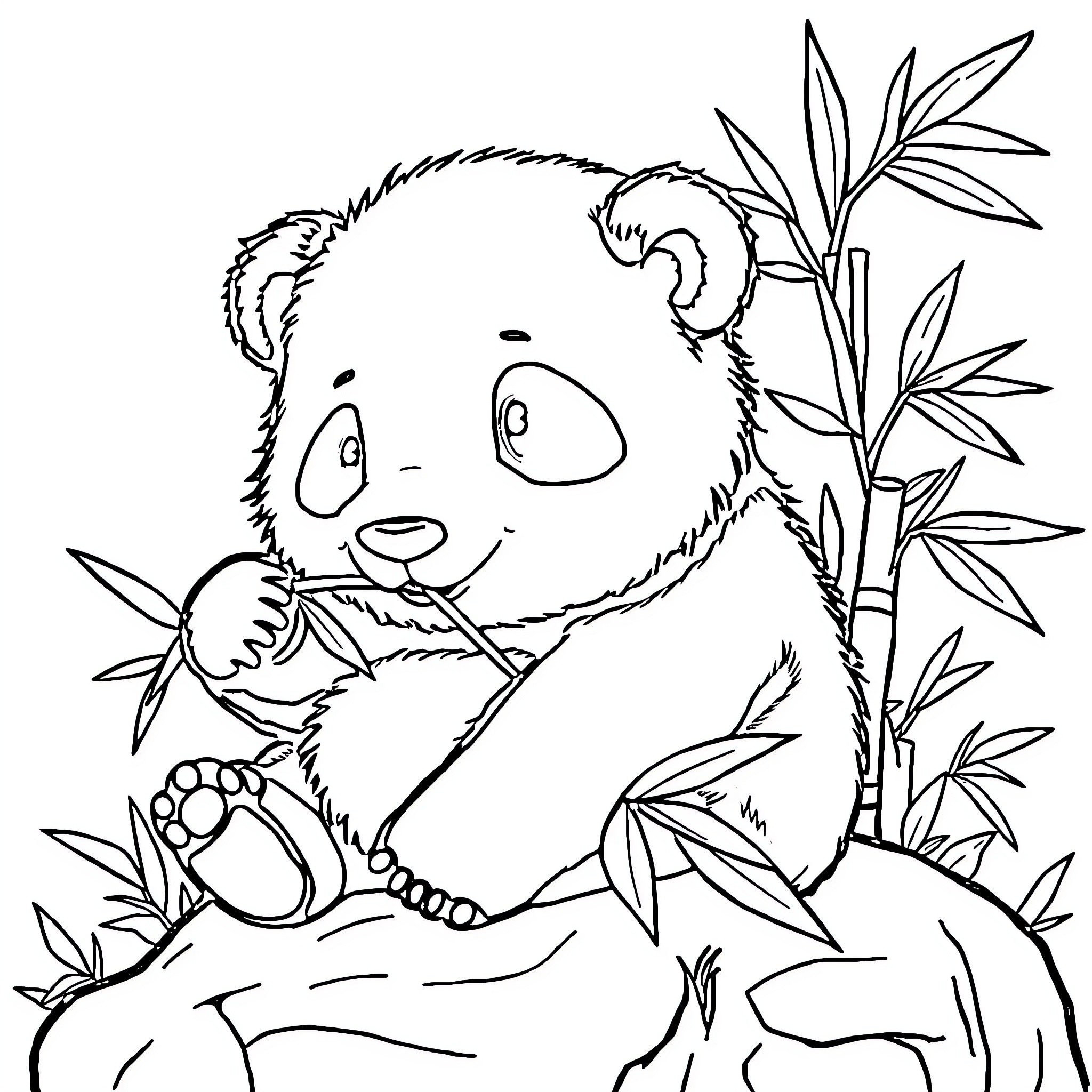 Panda resting peacefully amidst bamboo plants Coloring Page (free black-and-white line drawing printable PDF for all, from beginners to advanced learners, including children, teens, adults, and seniors)