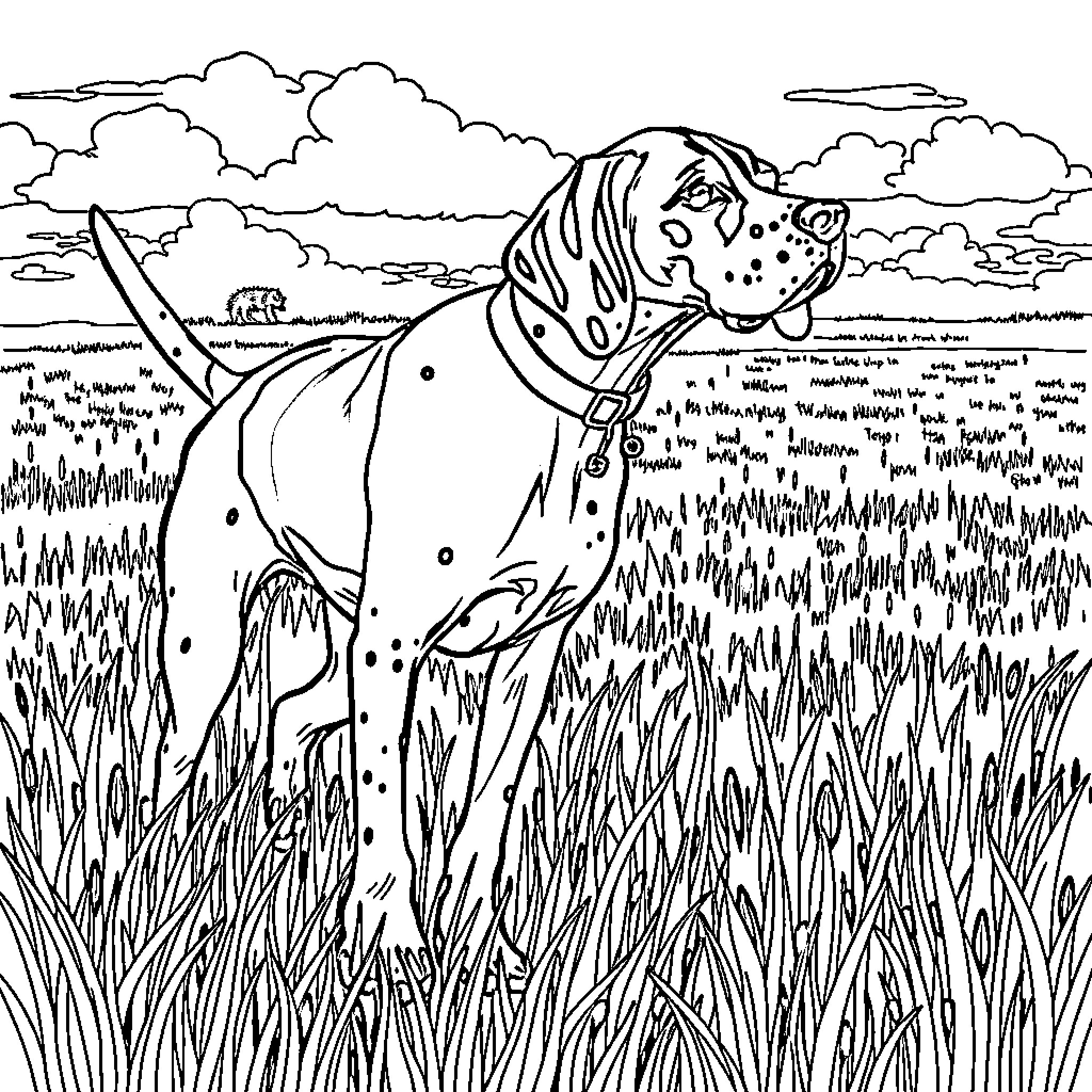 Pointer dog exploring the grassy field Coloring Page (free black-and-white line drawing printable PDF for all, from beginners to advanced learners, including children, teens, adults, and seniors)