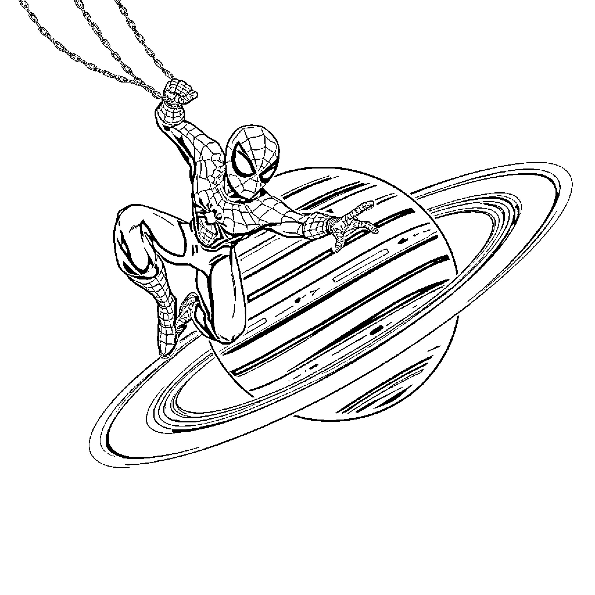 Spider-Man soaring through cosmic rings Coloring Page (free black-and-white line drawing printable PDF for all, from beginners to advanced learners, including children, teens, adults, and seniors)