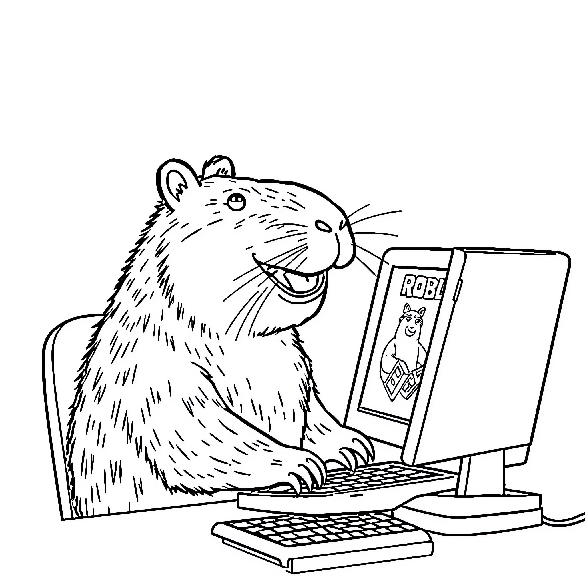 Capybara working on computer Coloring Page (free black-and-white line drawing printable PDF for all, from beginners to advanced learners, including children, teens, adults, and seniors)