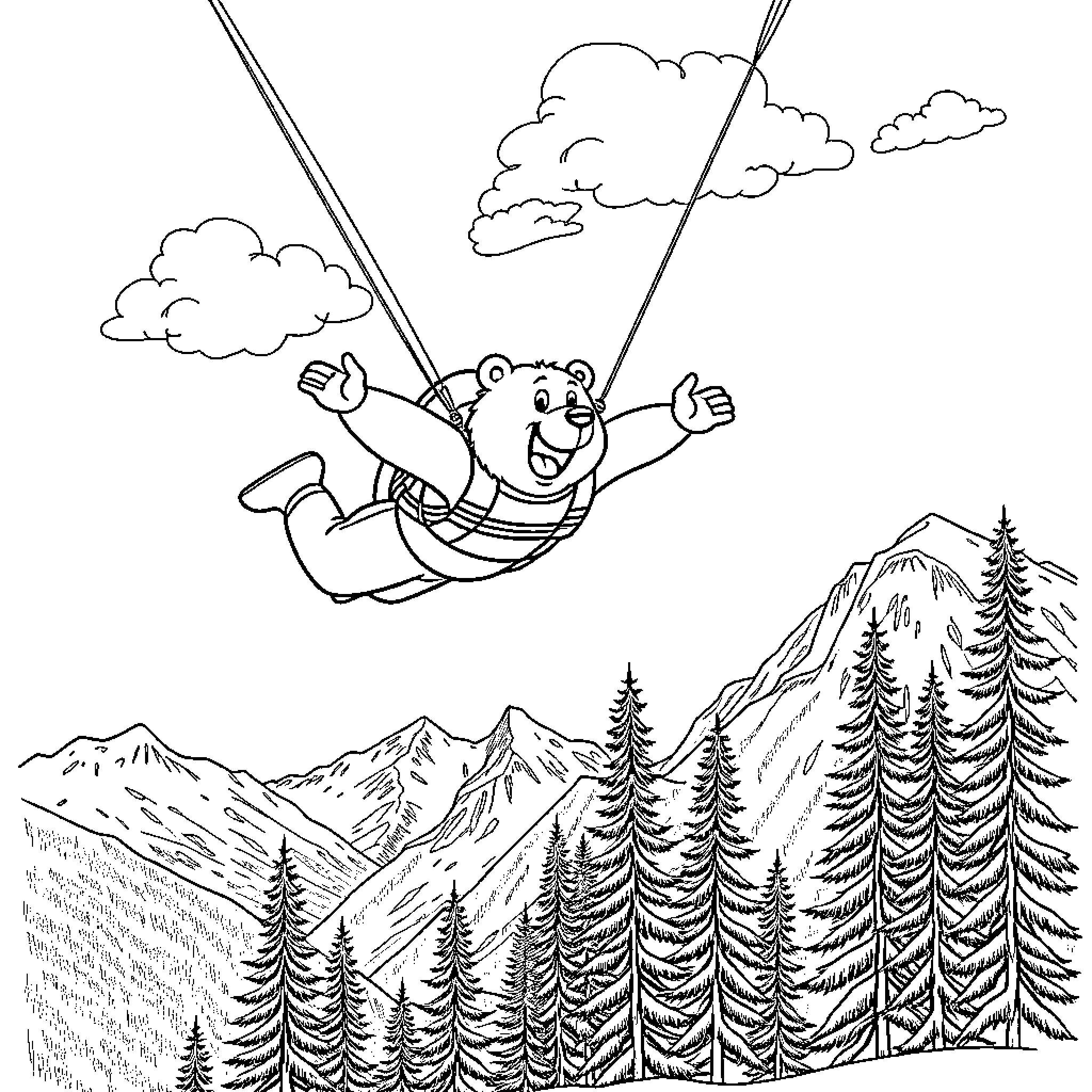 Yogi Bear swinging joyfully in the mountains Coloring Page (free black-and-white line drawing printable PDF for all, from beginners to advanced learners, including children, teens, adults, and seniors)