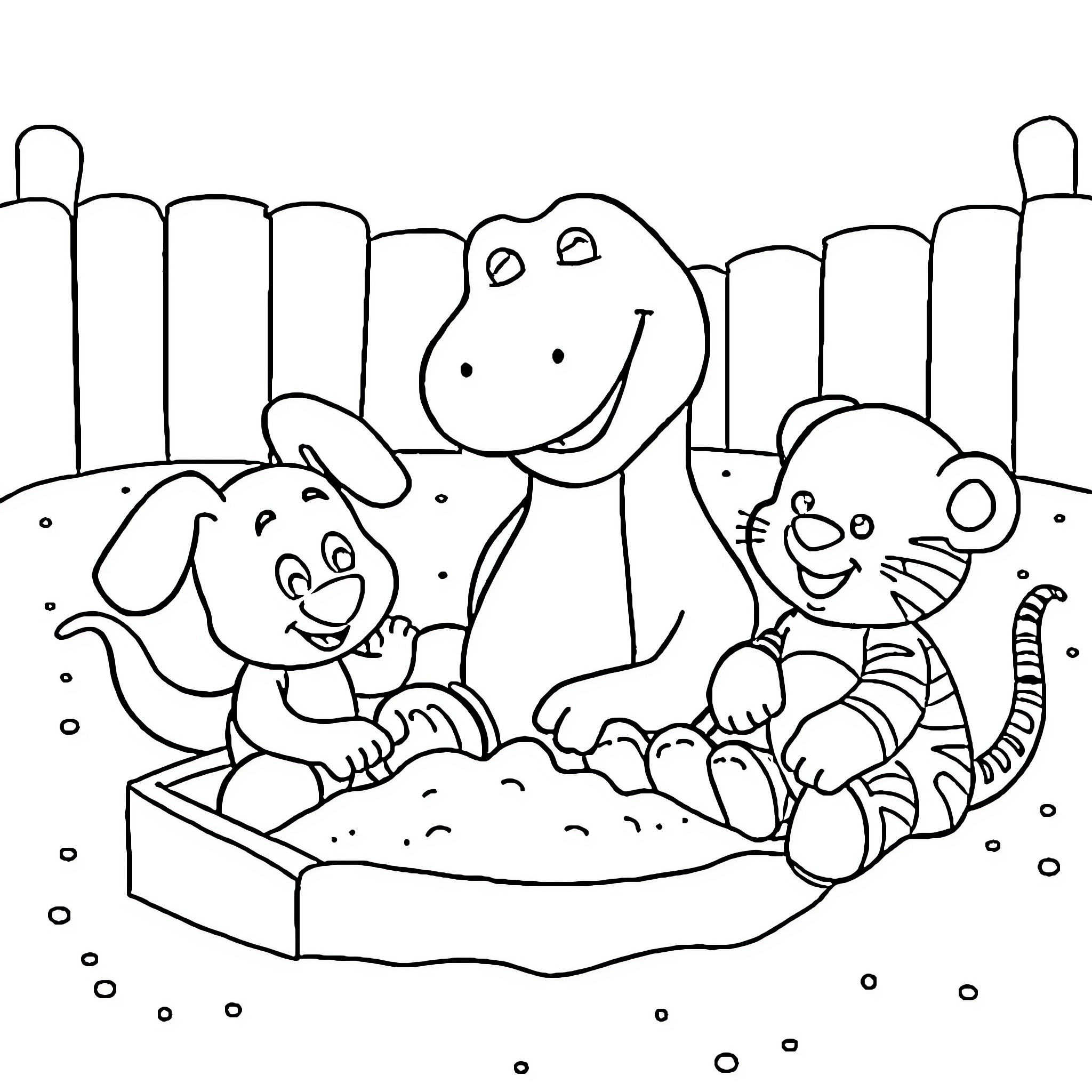 Character playing with pets in the sandbox Coloring Page (free black-and-white line drawing printable PDF for all, from beginners to advanced learners, including children, teens, adults, and seniors)