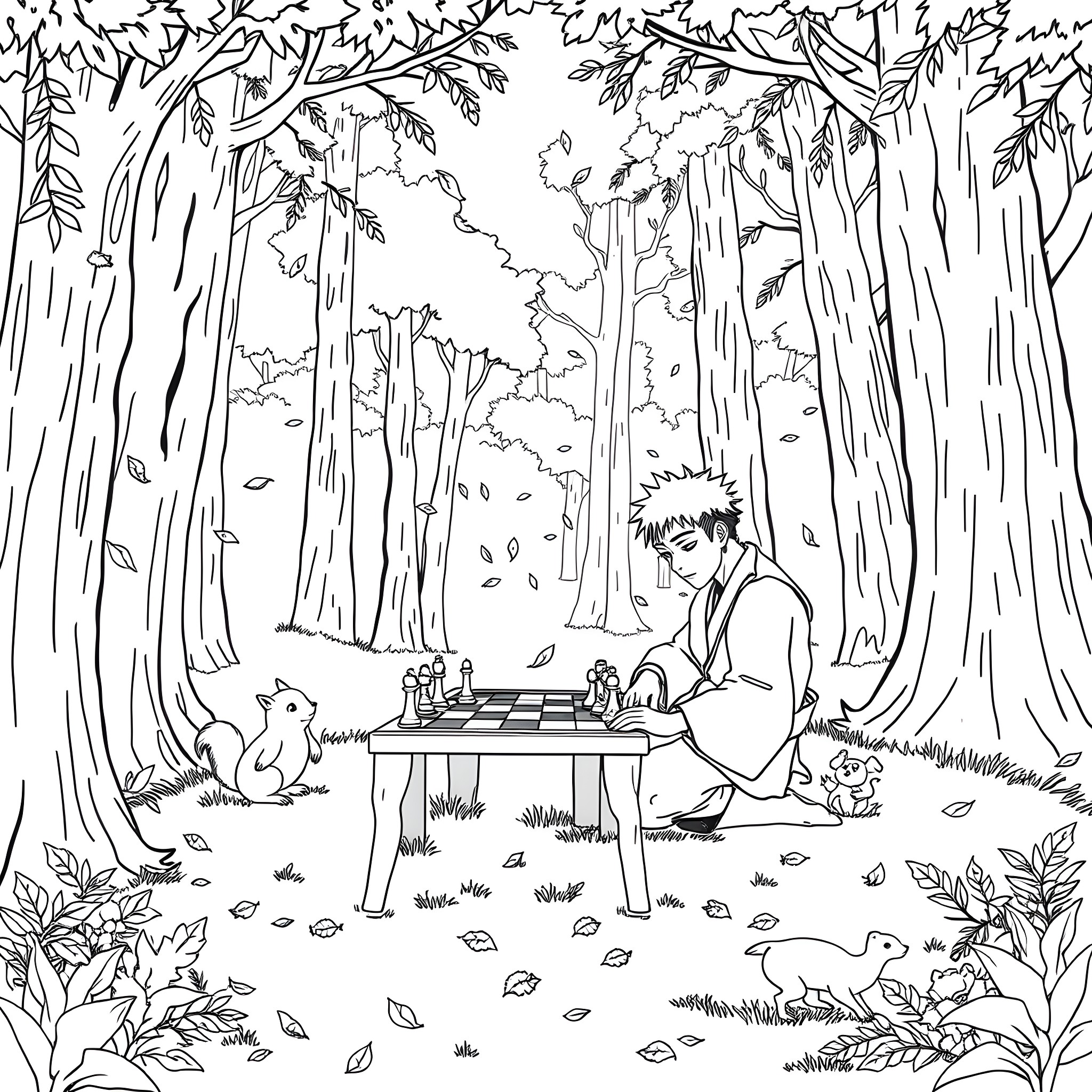 Ichimichi Mao playing chess with forest animals Coloring Page (free black-and-white line drawing printable PDF for all, from beginners to advanced learners, including children, teens, adults, and seniors)