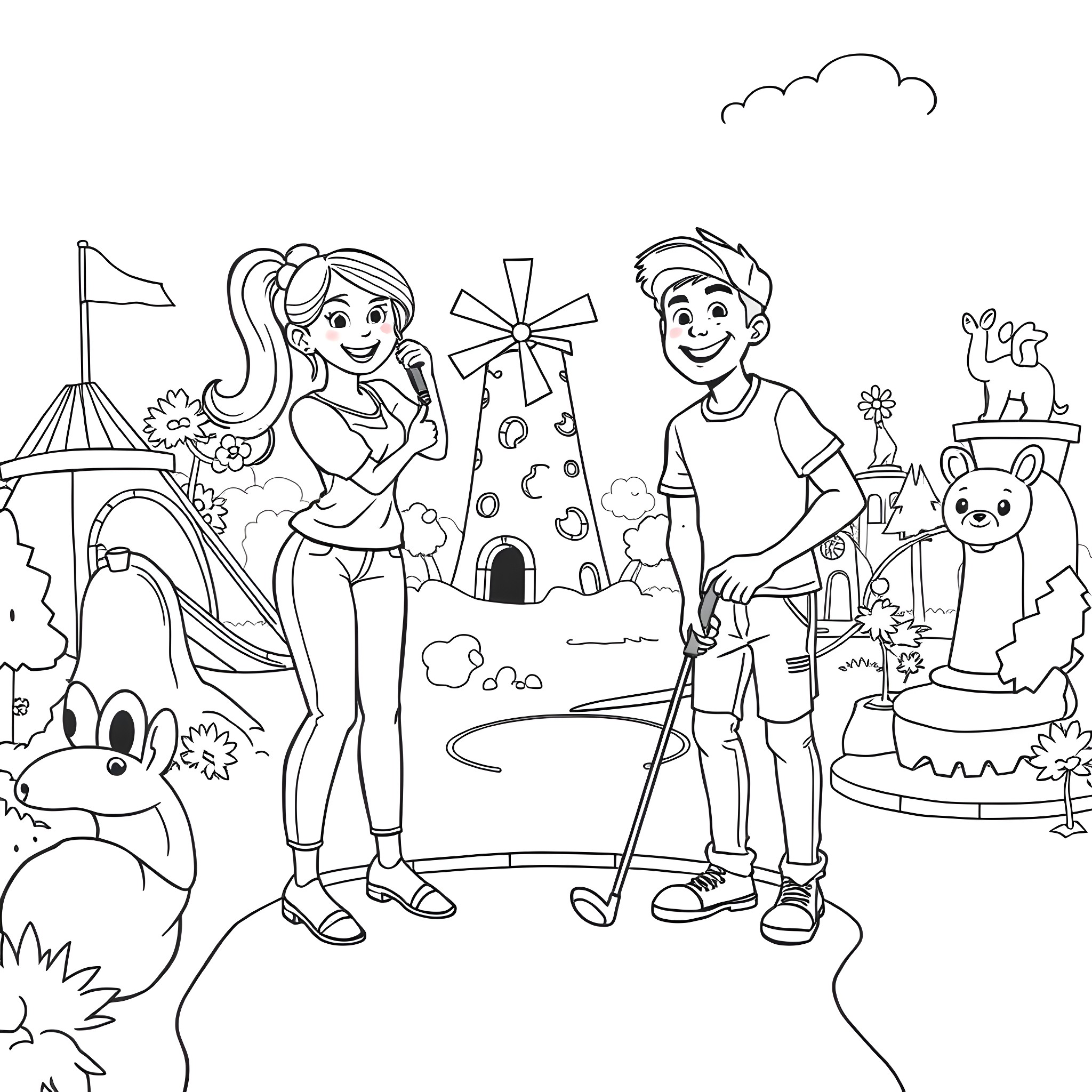 Mini Golf Adventure with Playful Duo Coloring Page (free black-and-white line drawing printable PDF for all, from beginners to advanced learners, including children, teens, adults, and seniors)