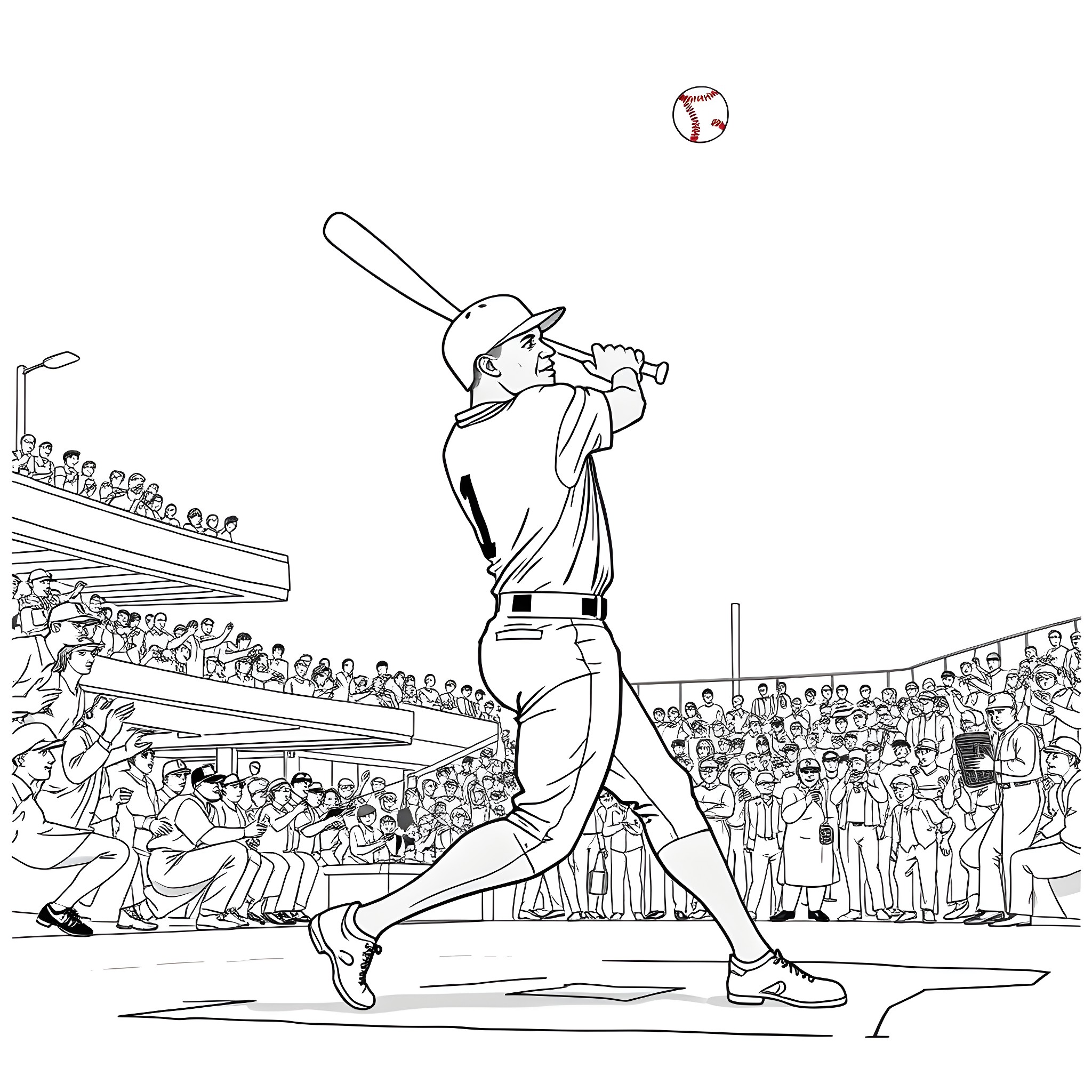 Jackie Robinson Batting in a Baseball Game Coloring Page (free black-and-white line drawing printable PDF for all, from beginners to advanced learners, including children, teens, adults, and seniors)