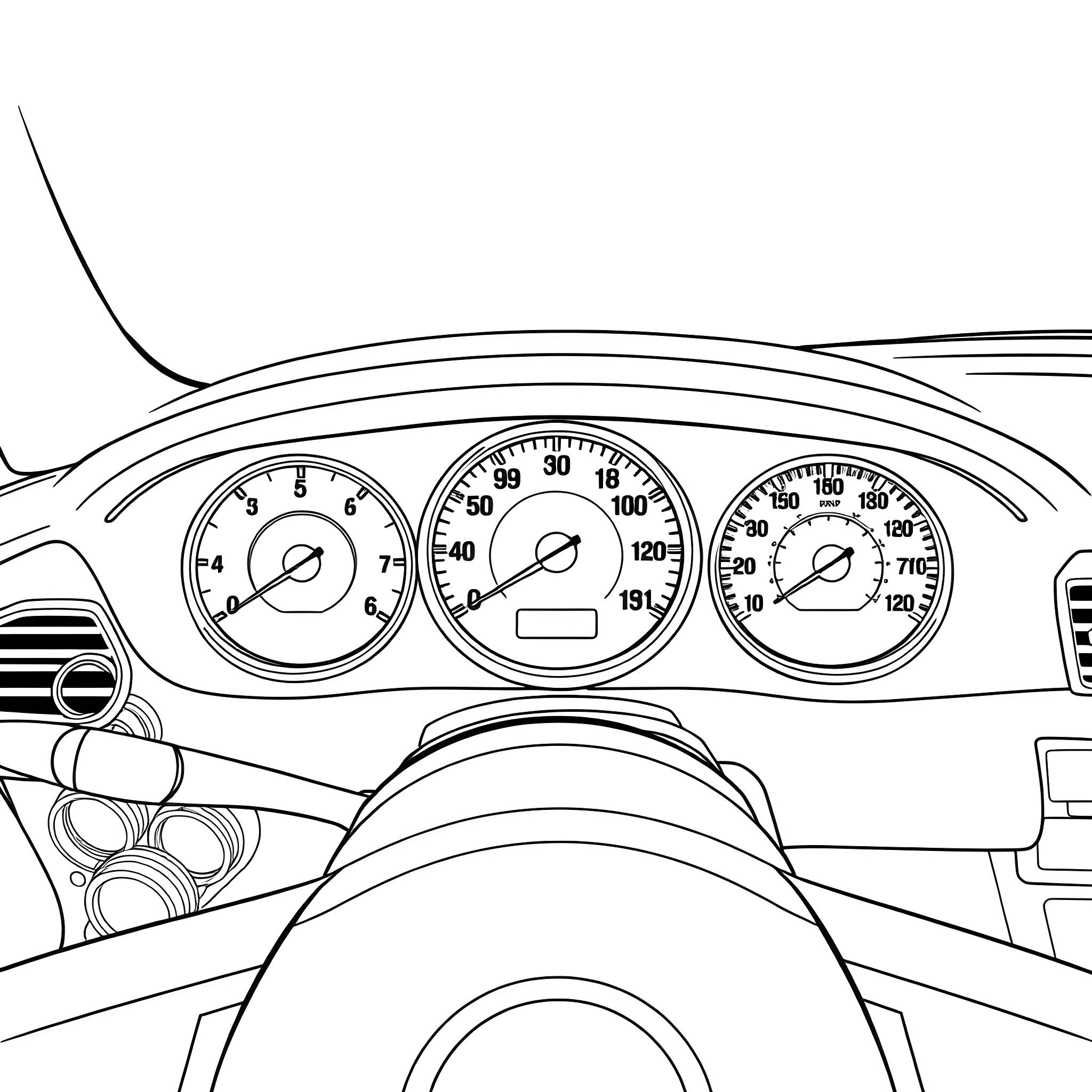 Car Dashboard Showing Various Gauges and Controls Coloring Page (free black-and-white line drawing printable PDF for all, from beginners to advanced learners, including children, teens, adults, and seniors)